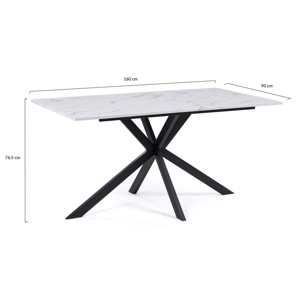 ID MARKET Table à manger rectangle ALIX 8 personnes pied araignée noir et plateau effet marbre blanc ALASKA 160 cm