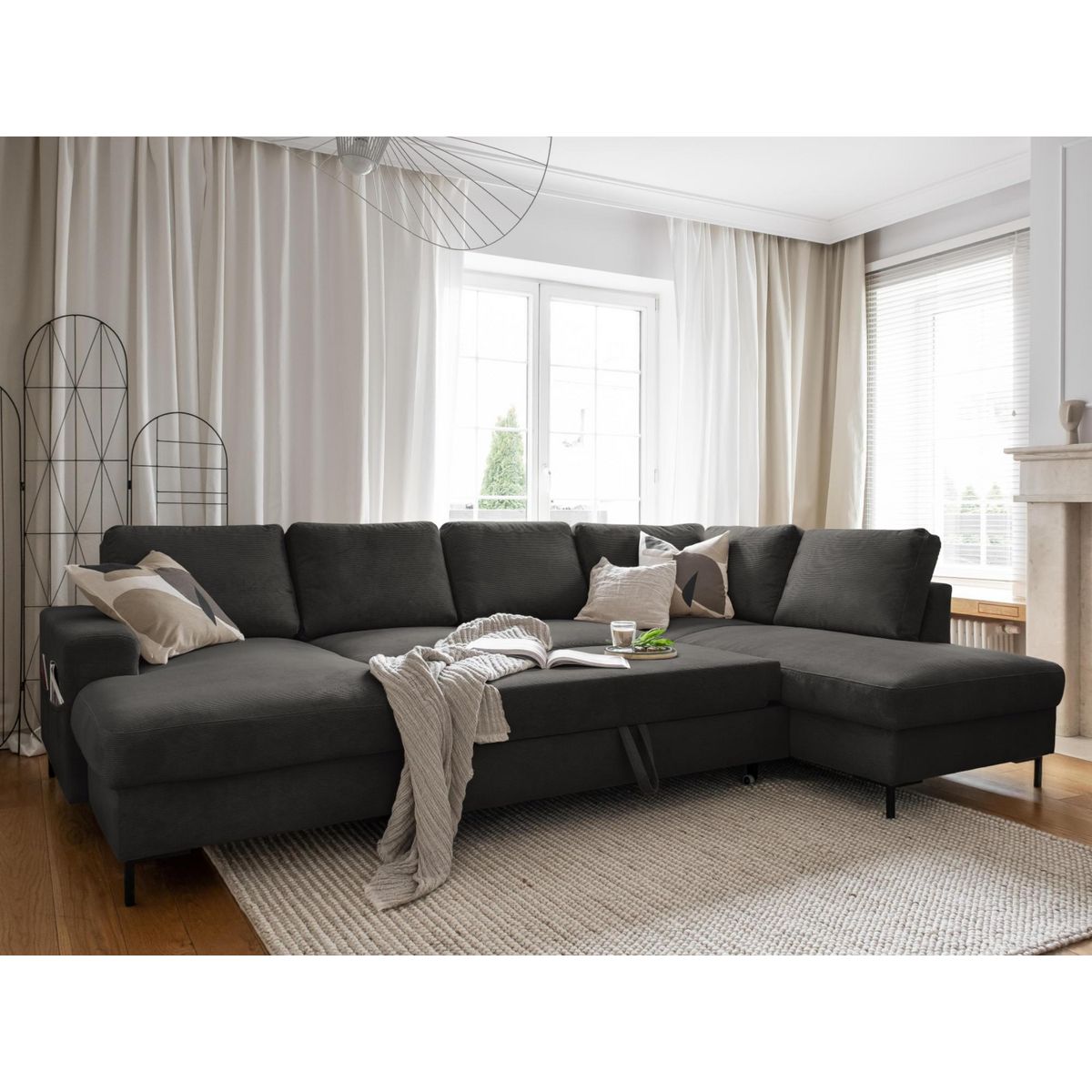 BEST MOBILIER Lilly - canapé panoramique d'angle droit - 7 places - convertible avec coffre - en velours côtelé