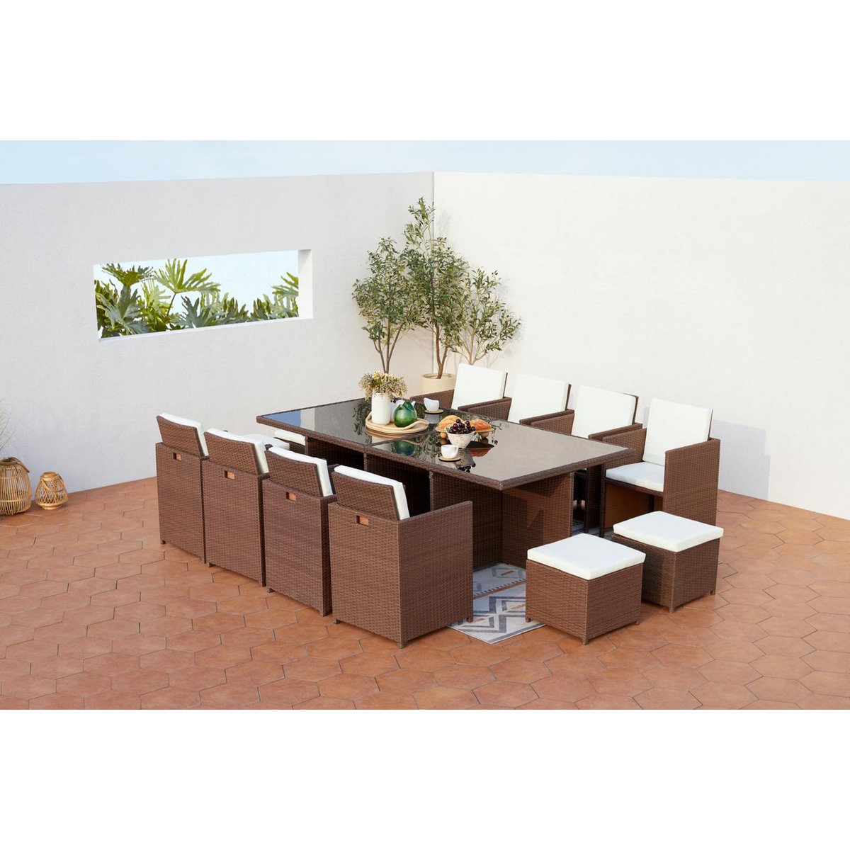 CONCEPT USINE Table et chaises 12 places encastrables résine marron-blanc MONACO