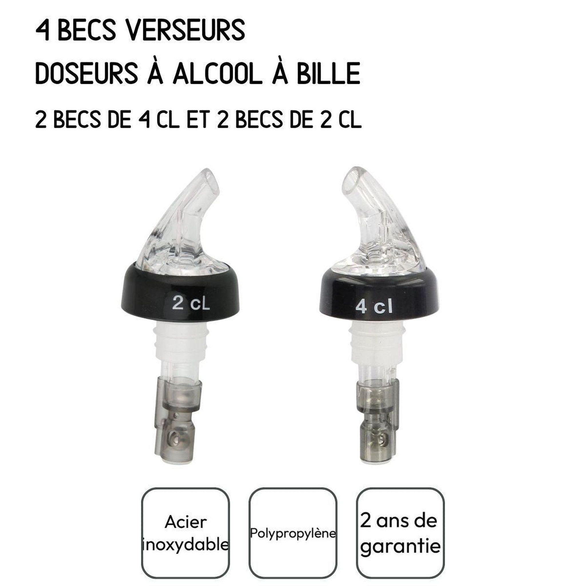 Voir la diapositive 4 : Fackelmann Set de 4 becs verseurs doseurs à alcool à bille 2 cl et 4 cl fackelmann