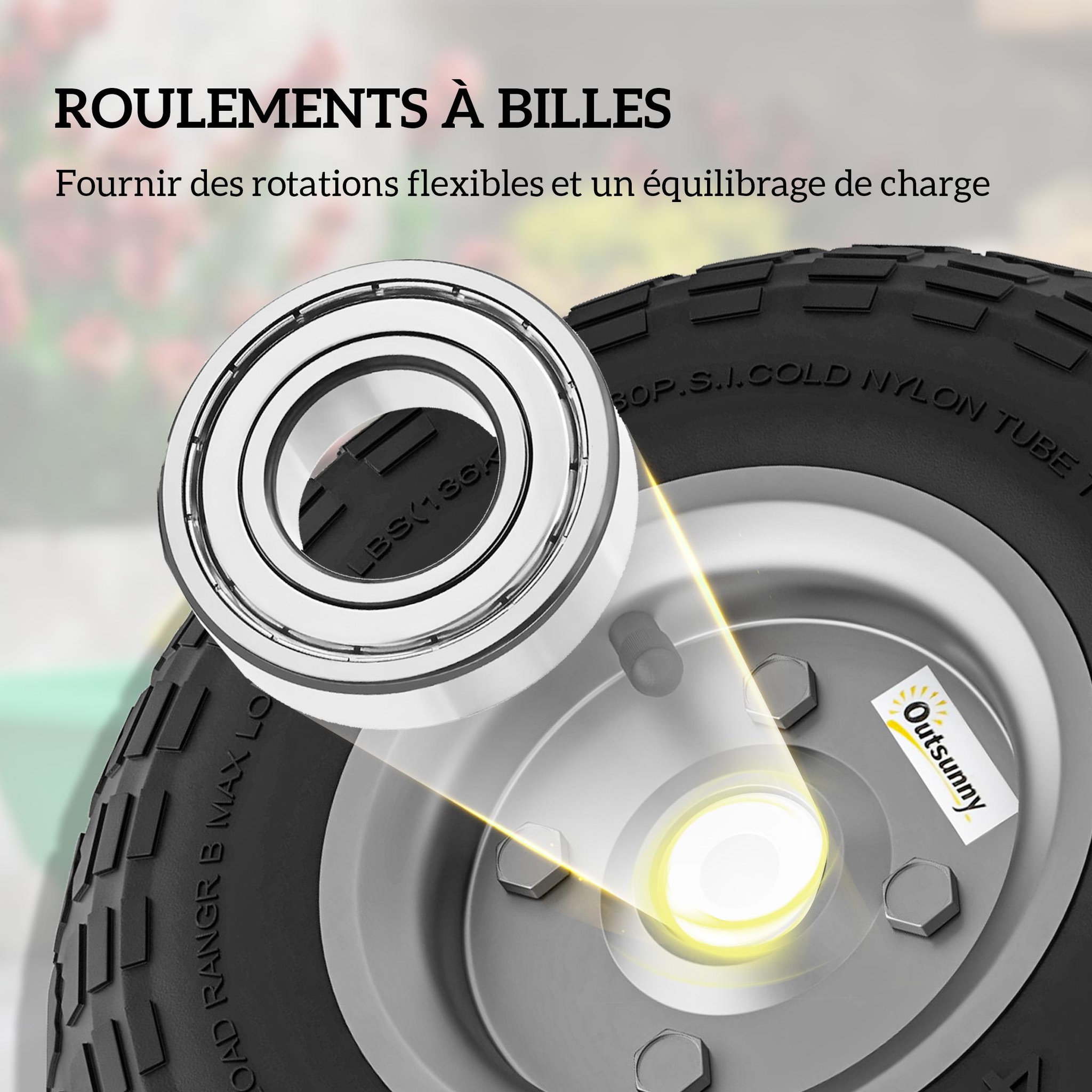 Voir la diapositive 4 : OUTSUNNY Lot de 2 roues pneus de remplacement dia. 255 mm alésage 16 mm moyeu métal caoutchouc
