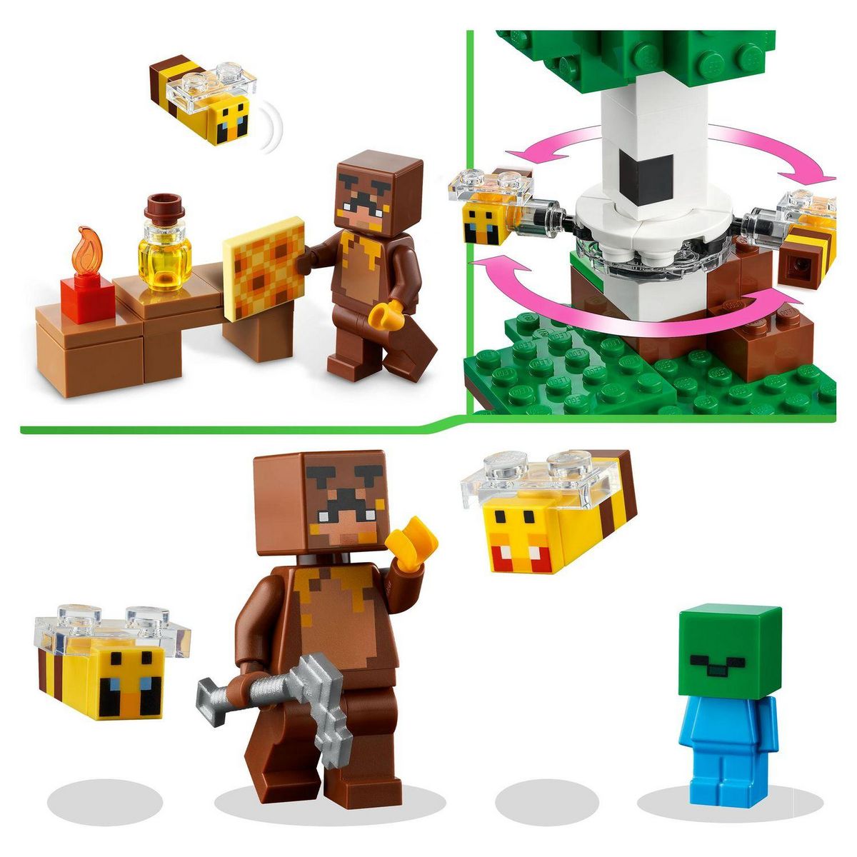 LEGO Minecraft  21241 La cabane Abeille, Jouet, Ferme avec Maison, Zombie et Figurines Animaux