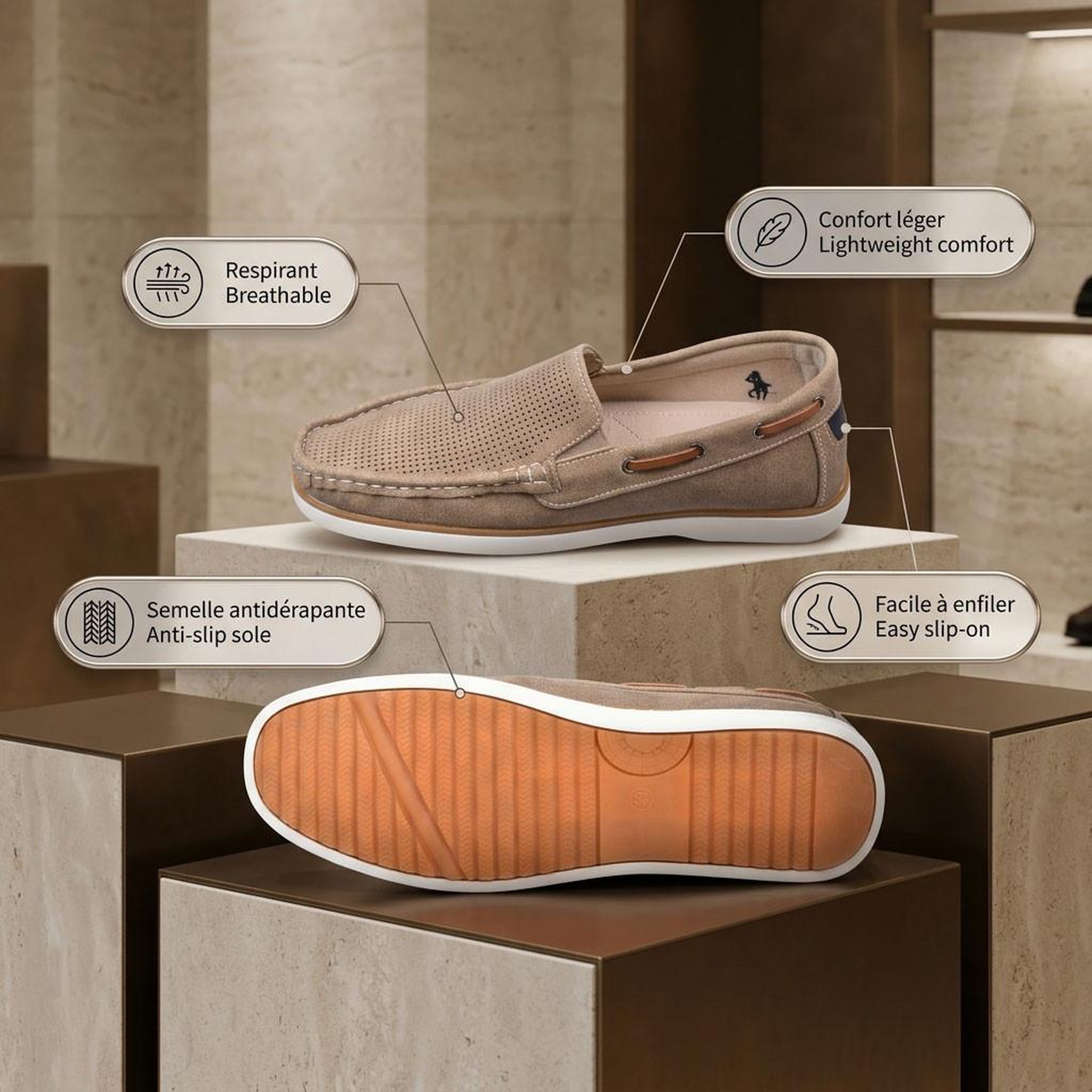 Voir la diapositive 4 : OZABI OZABI Mocassins homme respirants perforés confort été 39-45