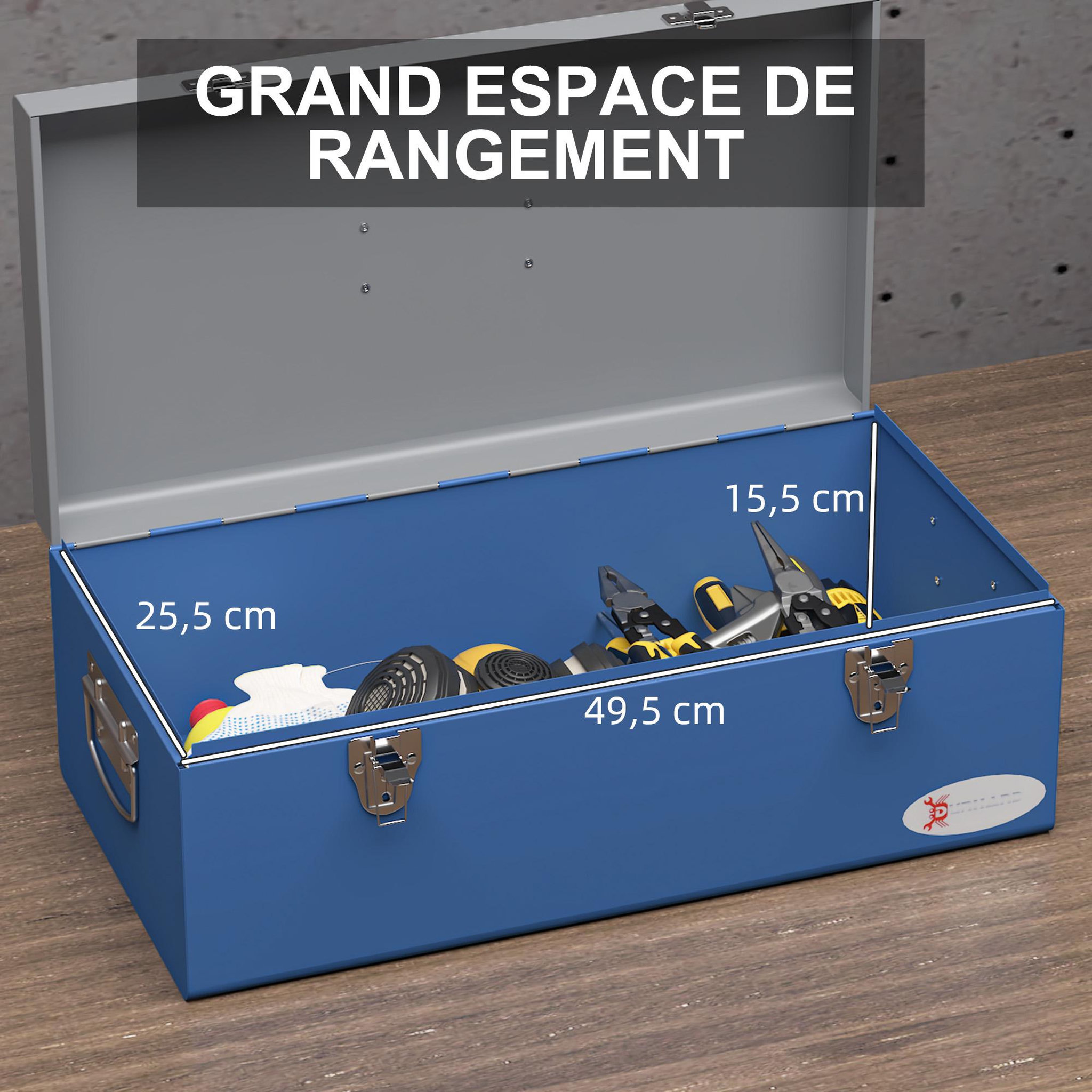 Voir la diapositive 4 : HOMCOM Boite à outils métallique - caisse à outils - verrouillable - tapis eva poignées tôle acier gris bleu