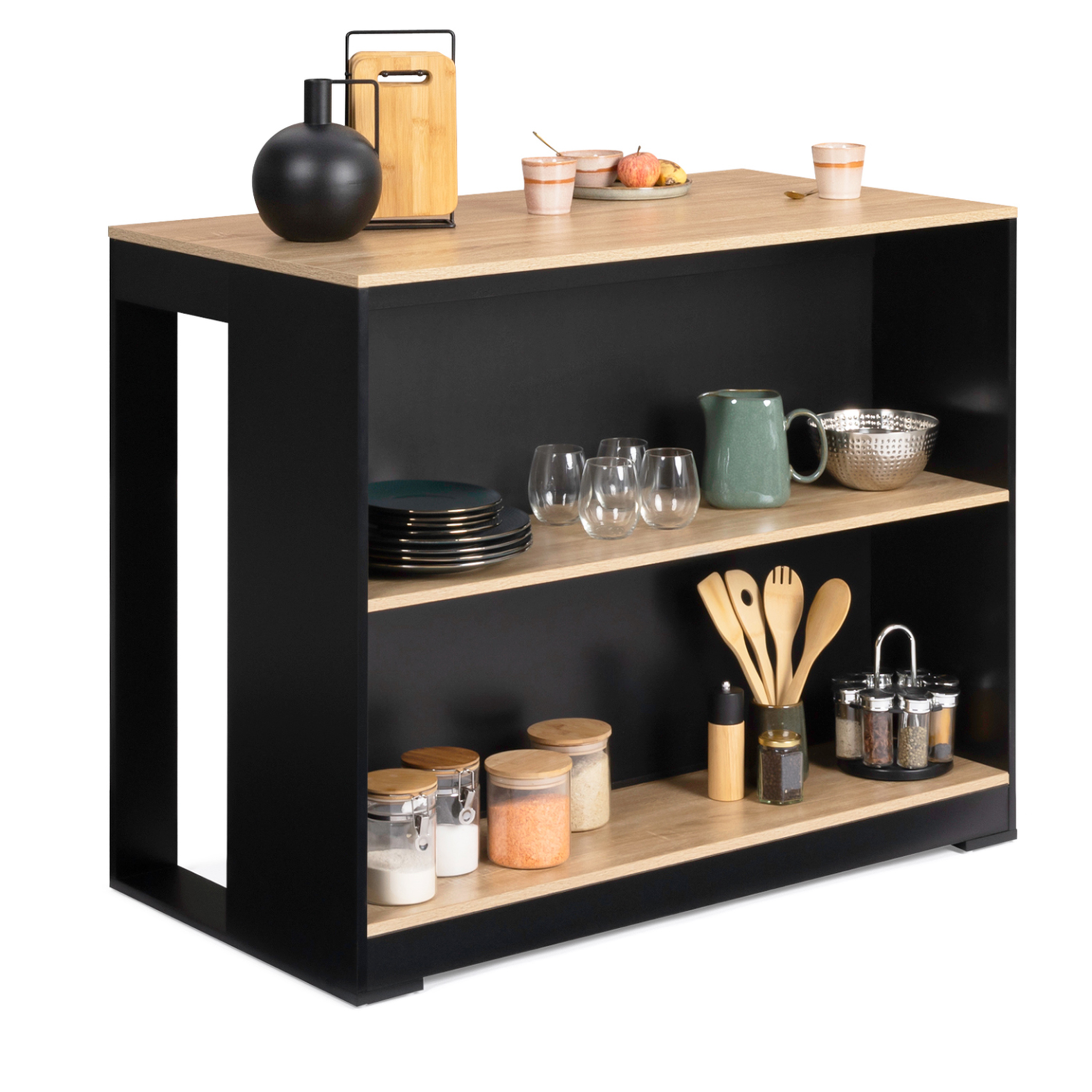 ID MARKET Table de bar îlot juno bois noir et plateau façon hêtre