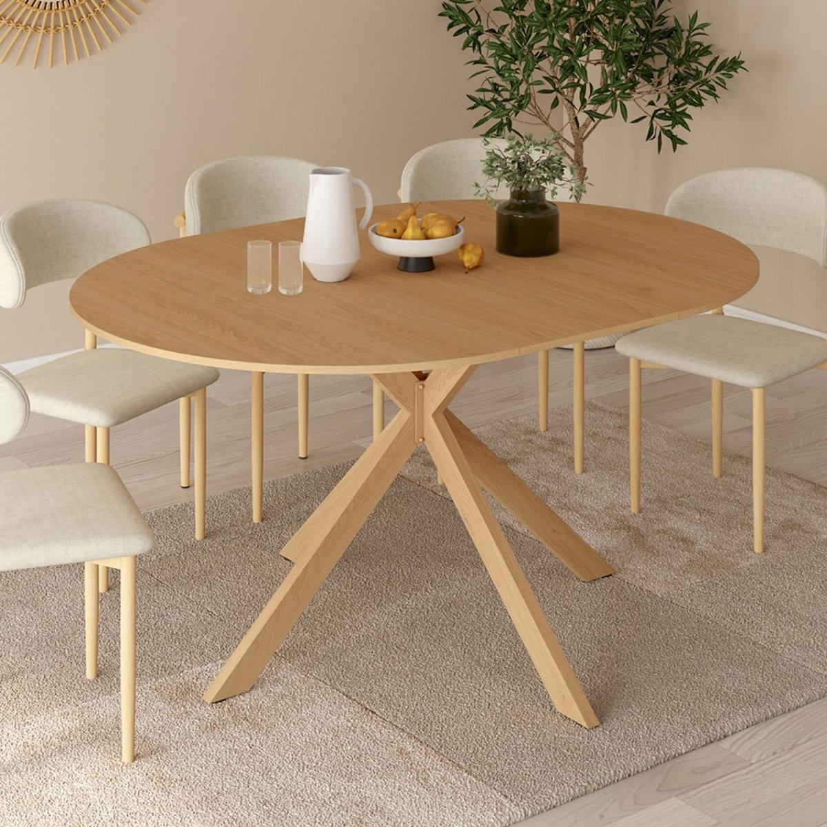 ID MARKET Table à manger extensible ronde ALIX 4-8 personnes pied araignée bois effet hêtre 110-150 cm