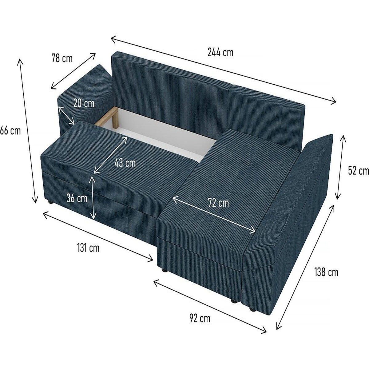 Habitat et Jardin Canapé d'angle convertible avec coffre  Vaugirard  en velours côtelé - 3 places - Bleu