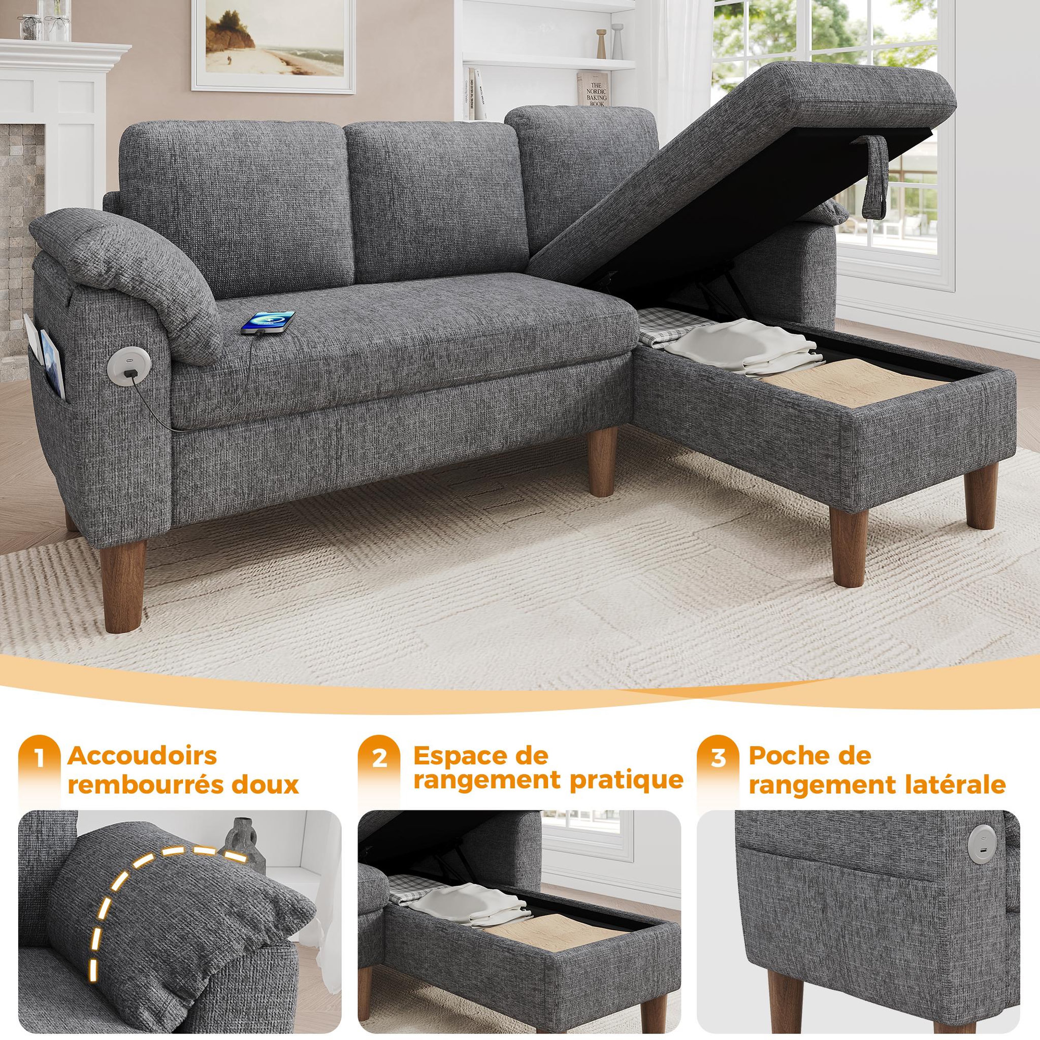 Voir la diapositive 5 : MERAX Canapé d'angle 3 places avec méridienne coffre tissu chenille usb type-c