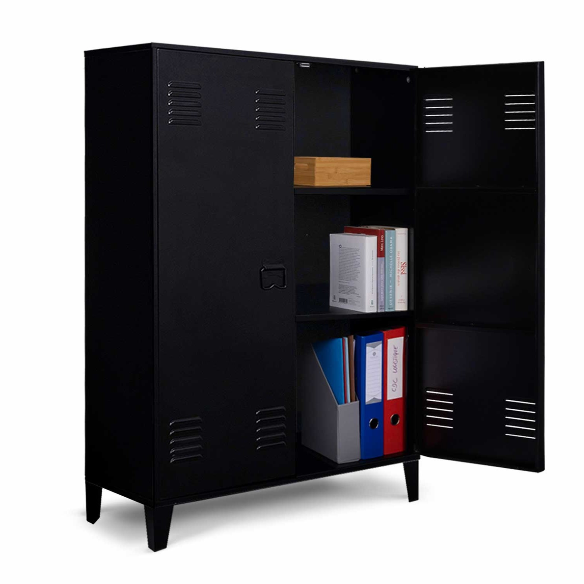 ID MARKET Armoire basse ester 2 portes métal noir design industriel