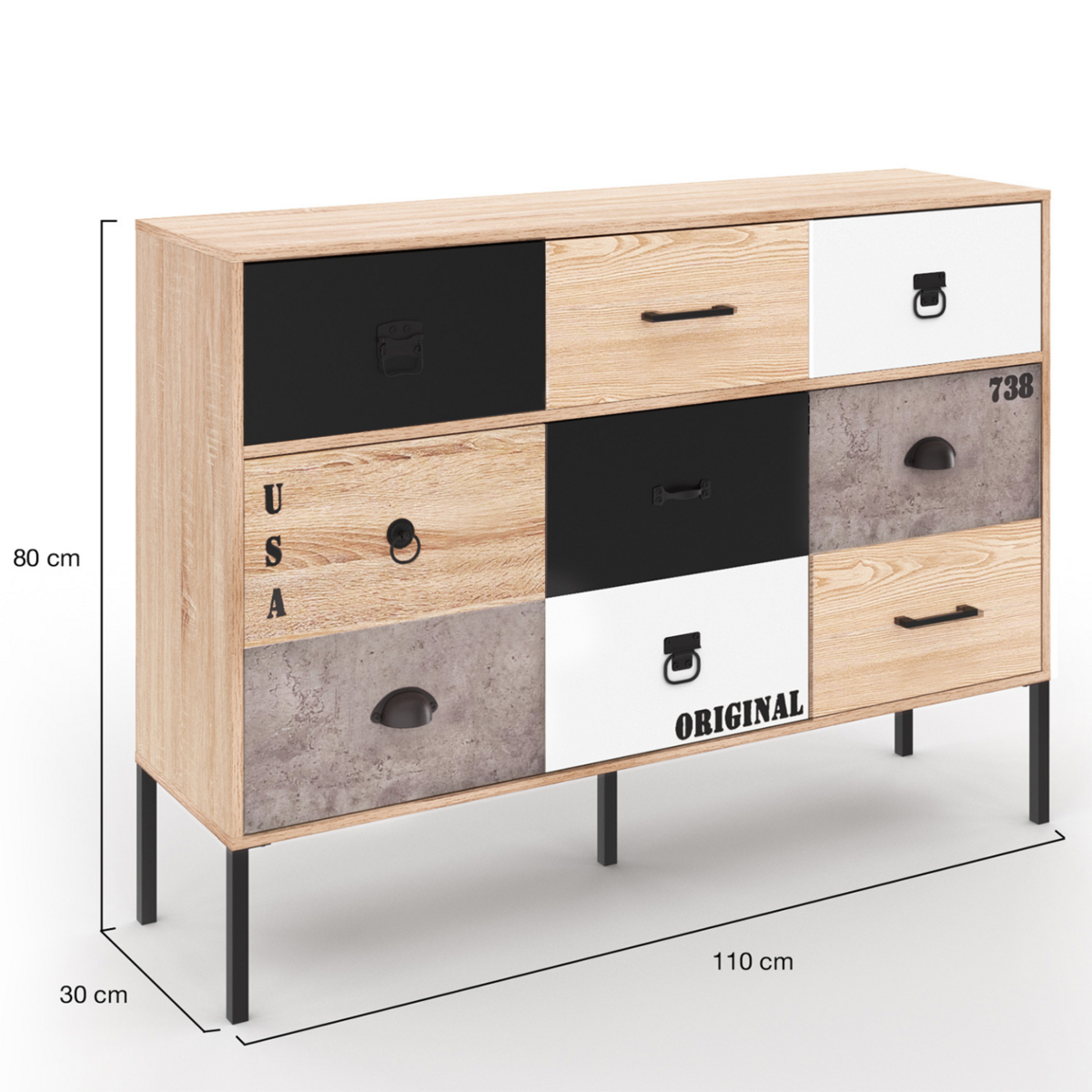 ID MARKET Buffet 3 portes 3 tiroirs 110 cm SACRAMENTO design industriel
