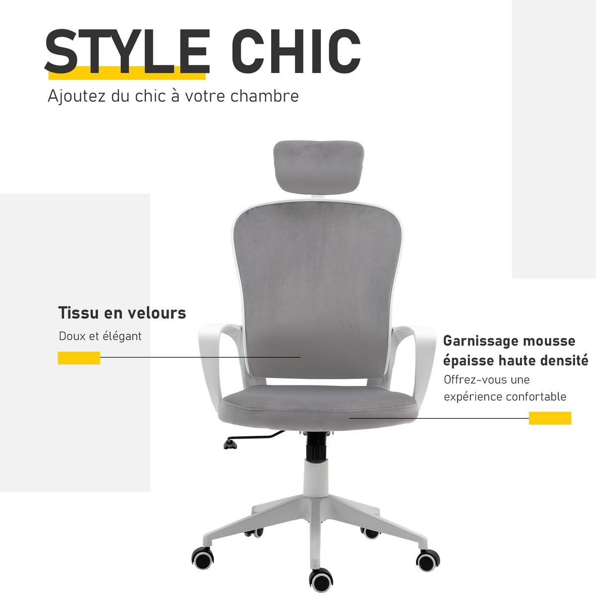 VINSETTO Fauteuil de bureau ergonomique en velours - 63 x 64 x 118-128 cm - gris clair