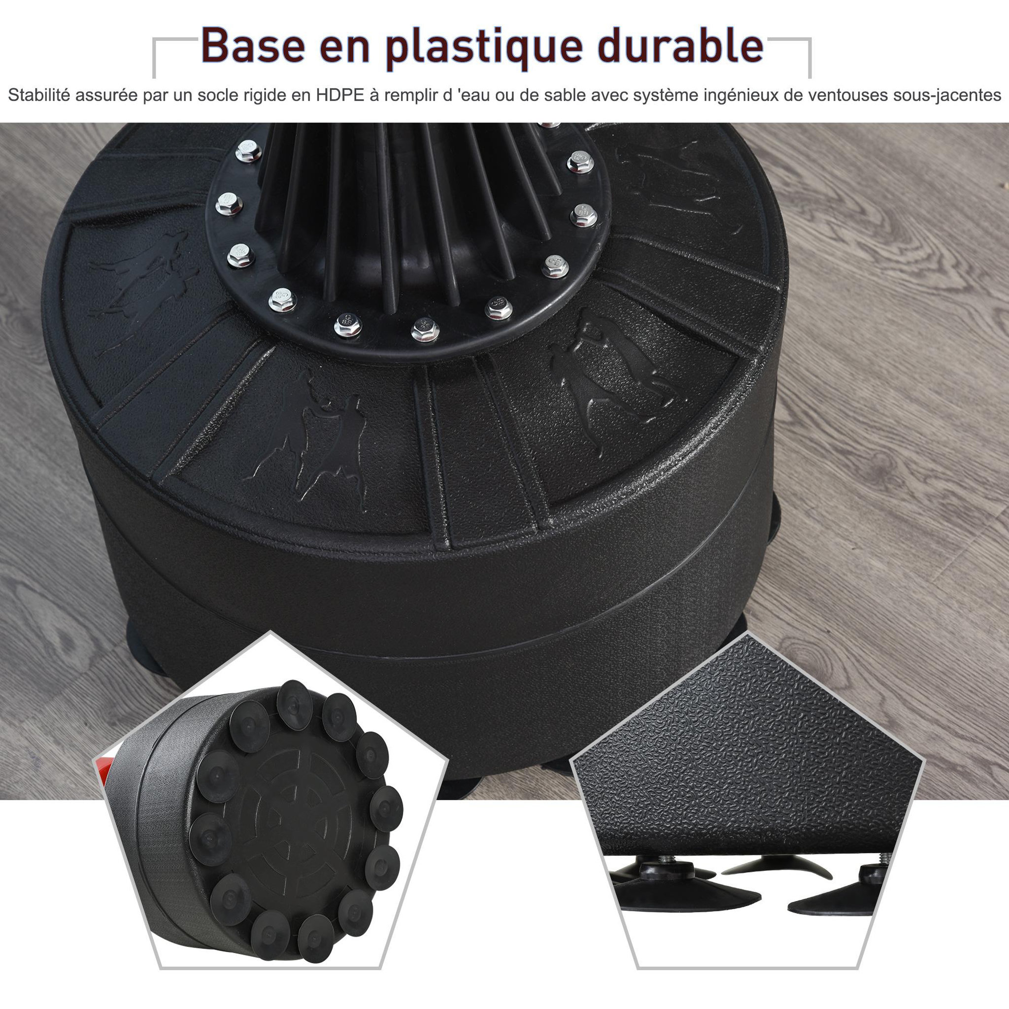 Voir la diapositive 6 : HOMCOM Sac de frappe boxe autoportant punching ball brunier 3 en 1 revêtement synthétique dim. 88l x 48l x 155-205h cm rouge noir