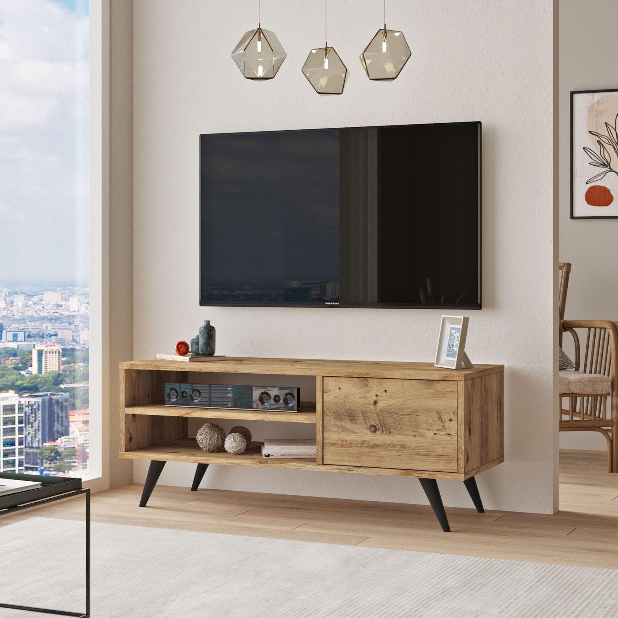 Voir la diapositive 5 : TOILINUX Meuble tv avec 2 niches de rangement ouvertes et une porte abattante en panneaux de particule