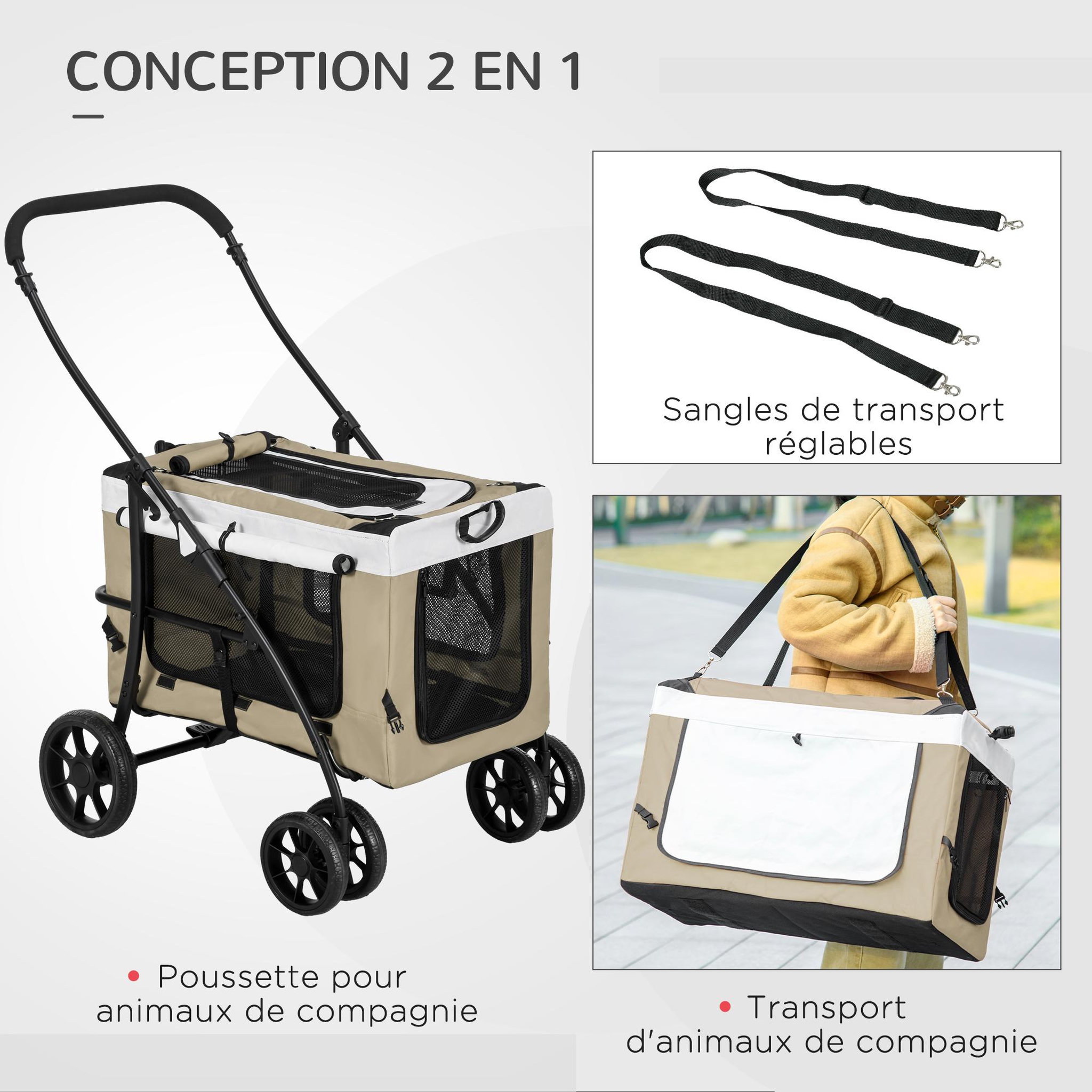 Voir la diapositive 5 : PAWHUT Poussette pliable animaux chien chat nacelle amovible 4 roues kaki