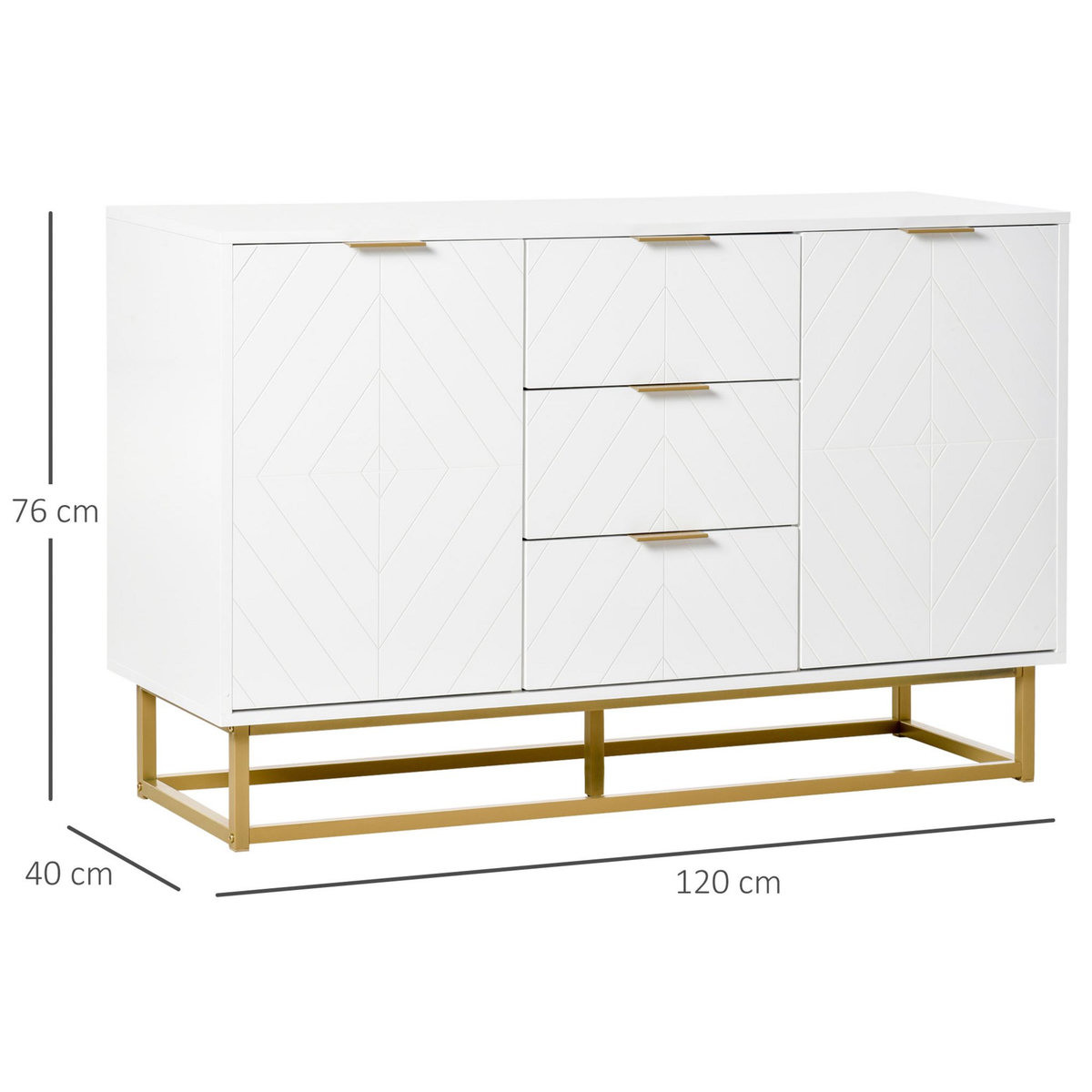 HOMCOM Buffet design contemporain graphique 2 placards porte étagères réglables 3 tiroirs coulissants MDF blanc métal doré