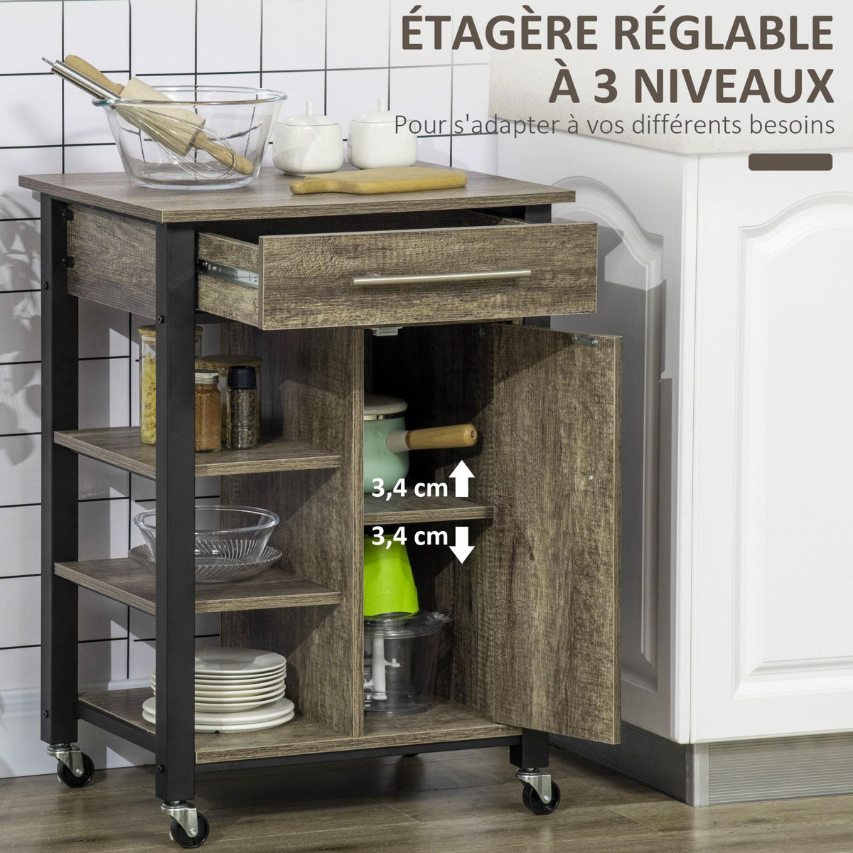 HOMCOM HOMCOM Chariot desserte de cuisine à roulettes avec tiroir - dim. 60 x 50 x 84,5 cm - noir et imitation bois