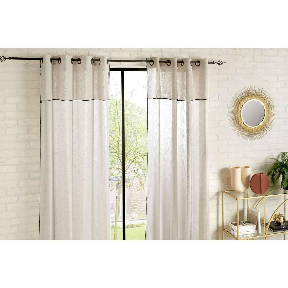 ATMOSPHERA Voilage à volant avec surpiqûre noire - 140 x 240 cm - Beige