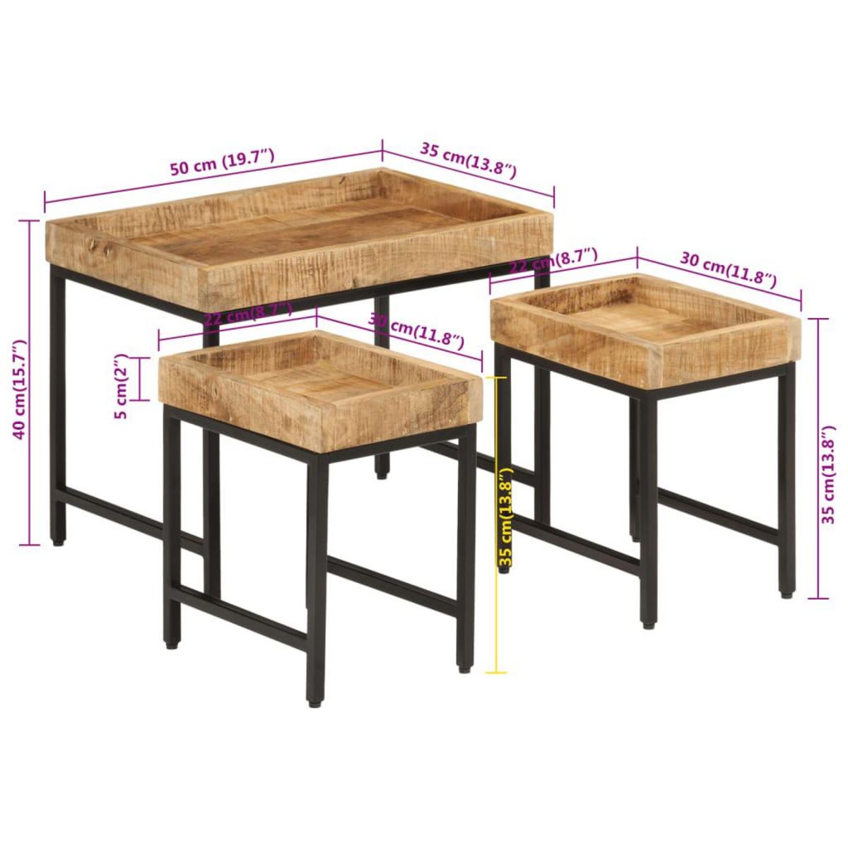 VIDAXL Tables basses gigognes 3pcs bois de manguier massif brut et fer