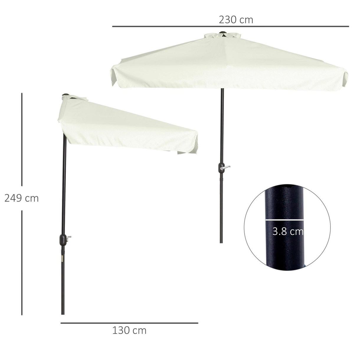 OUTSUNNY Demi parasol - parasol de balcon 5 entretoises métal dim. 2,3L x 1,3l x 2,49H m polyester haute densité crème