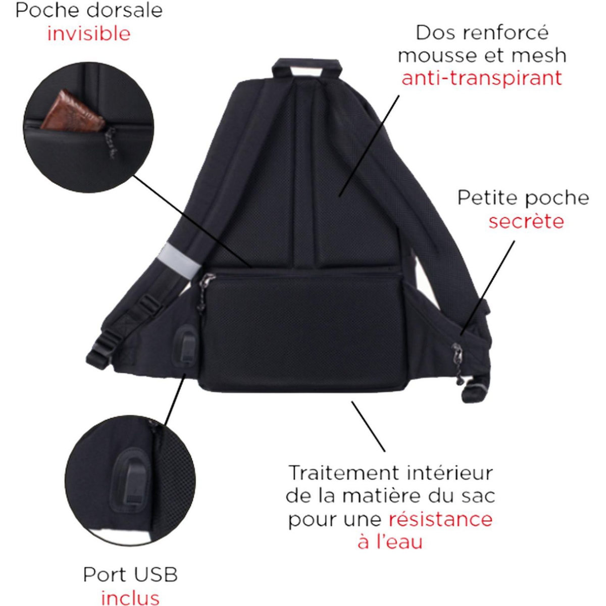l'étudiant Sac à dos 1 compartiment souple noir