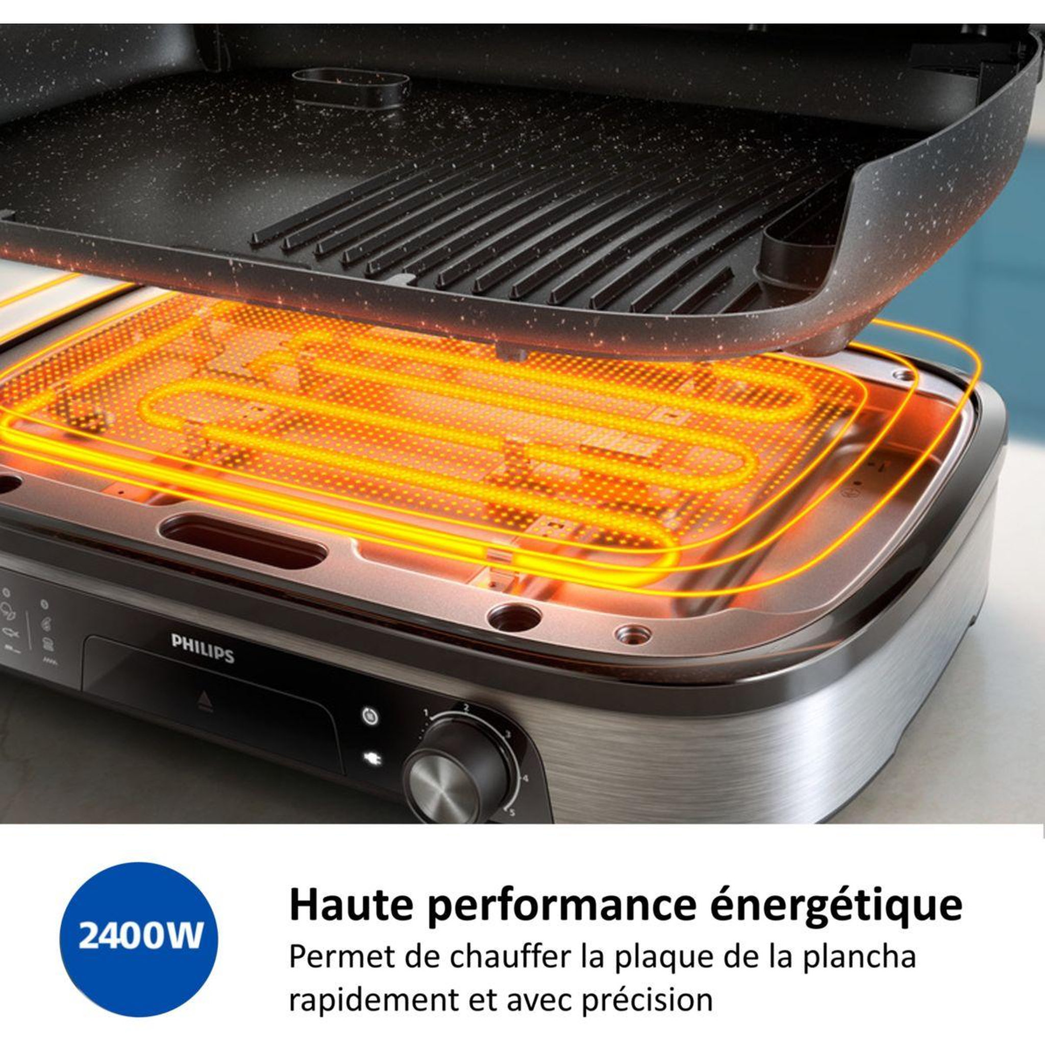 Voir la diapositive 4 : Philips Plancha électrique hd6212/90  couvercle verre à poser, 50x25 cm
