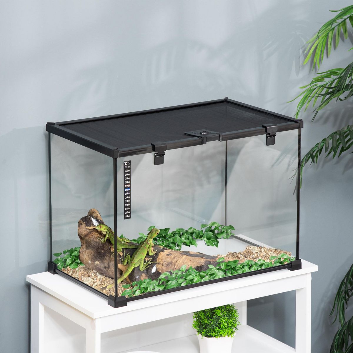 PAWHUT Terrarium en verre - vivarium reptiles & batraciens - habitat tortue - couvercle grillagé coulissant verrouillable - distributeur eau, thermomètre - métal noir verre
