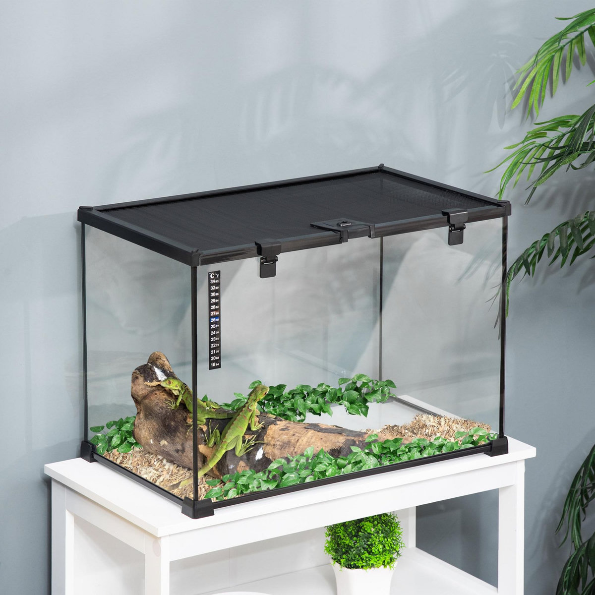 PAWHUT Terrarium en verre - vivarium reptiles & batraciens - habitat tortue - couvercle grillagé coulissant verrouillable - distributeur eau, thermomètre - métal noir verre