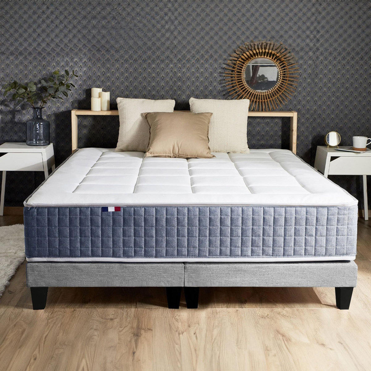 IDLITERIE Ensemble Matelas Ressort 7 zones + Mémoire de forme + Sommier KING STYLE + couette + oreillers - Fabriqué en France