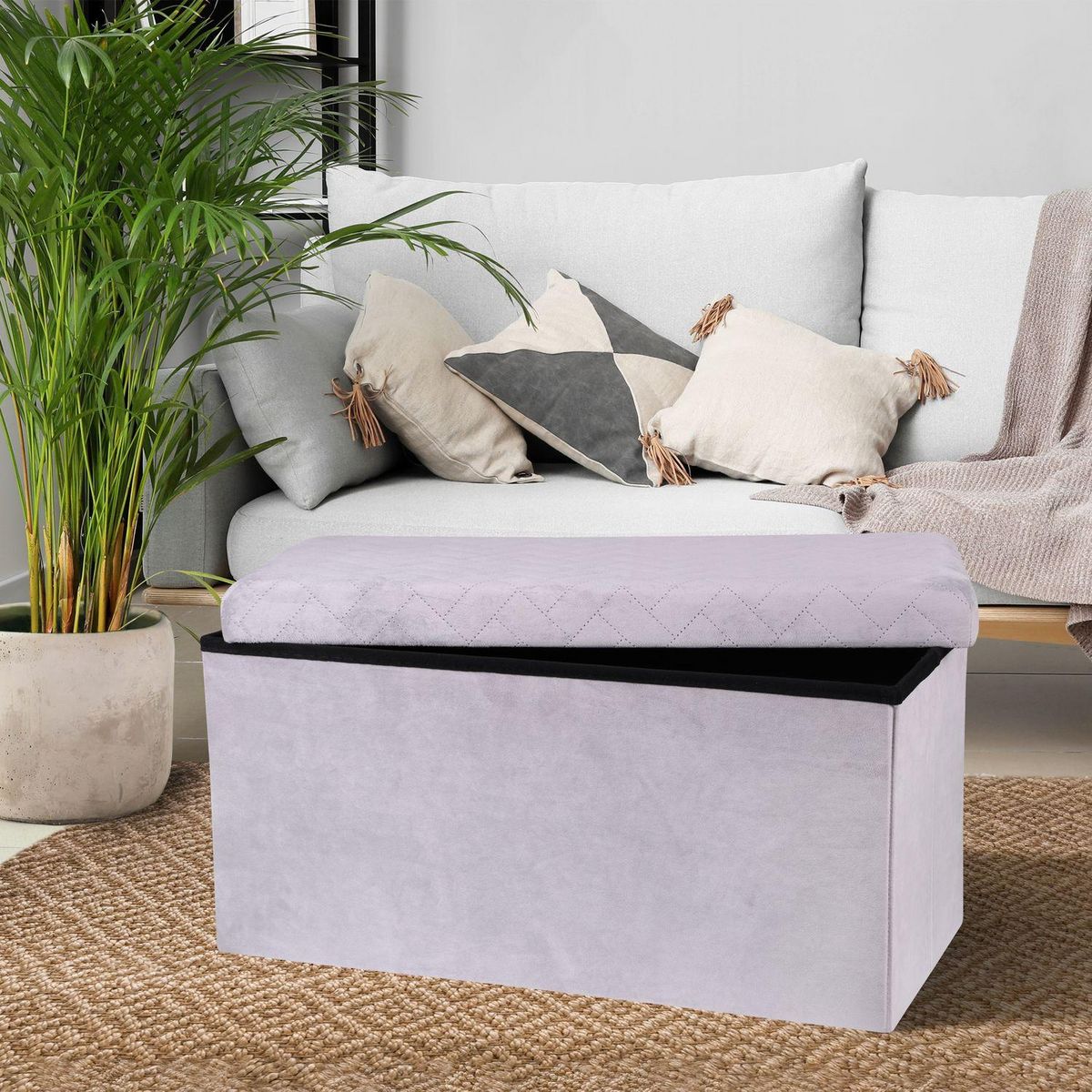 TOILINUX Banc de rangement pliable Kube en velours - Gris clair