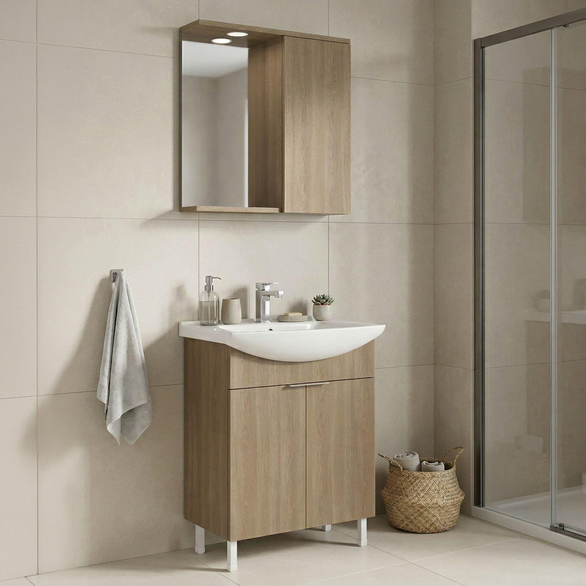 Voir la diapositive 2 : Habitat et Jardin Meuble avec simple vasque et miroir  Purus 65  - 65 x 50 x 83 cm - Oak