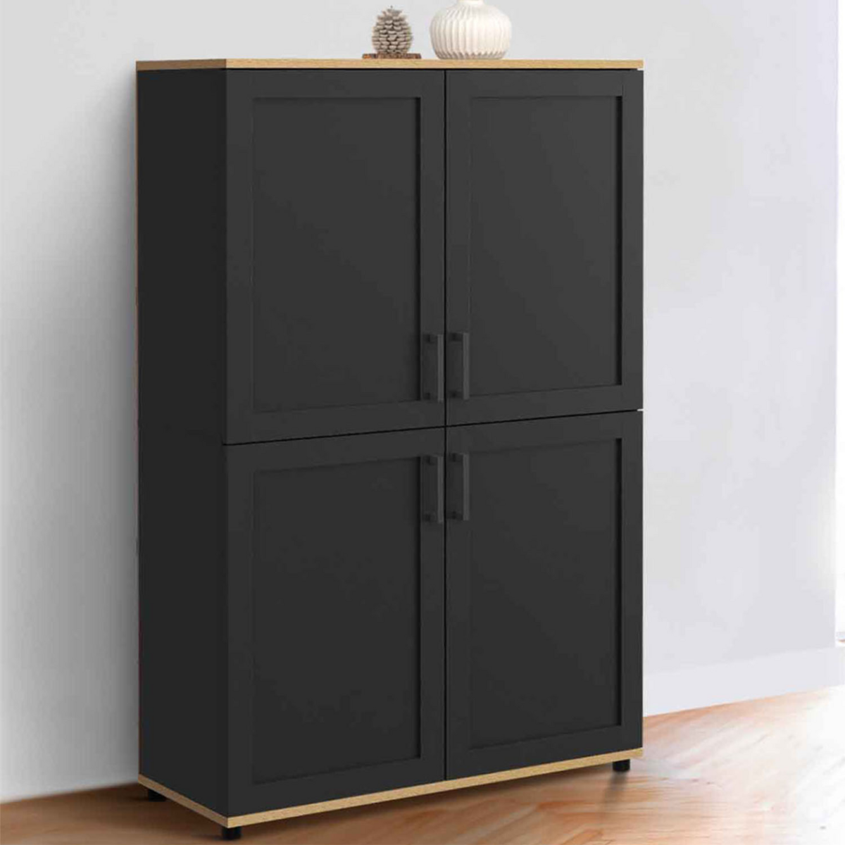 ID MARKET Buffet haut H. 125 cm VITO 4 portes noir et bois