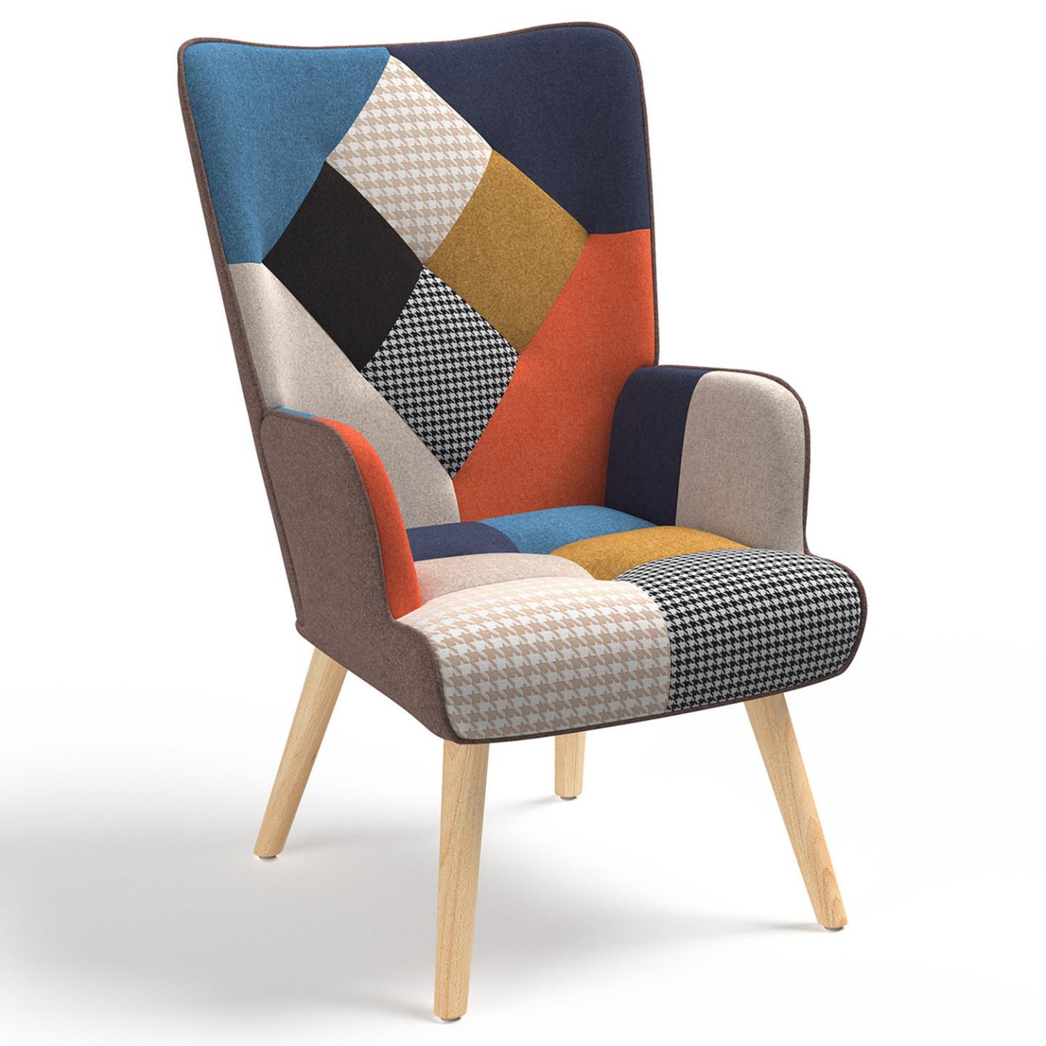 Voir la diapositive 3 : ID MARKET Fauteuil scandinave ivar en tissu patchwork multicouleurs et imprimé pied de poule