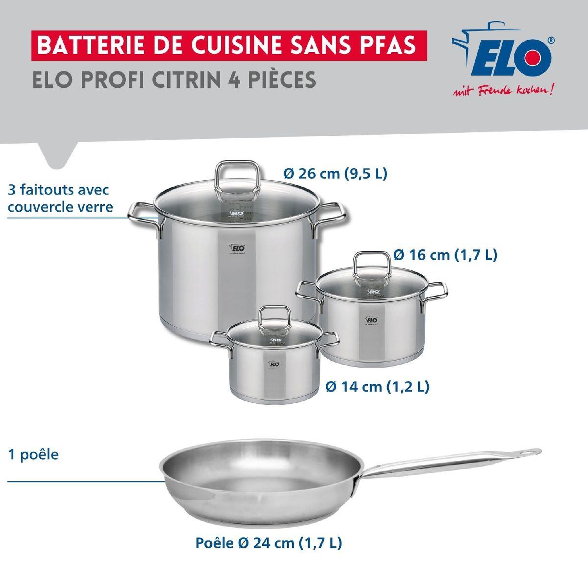 Voir la diapositive 2 : ELO Ensemble de 1 poêle de cuisson 24 cm et 3 faitouts 14, 16 et 26 cm elo profi citrin