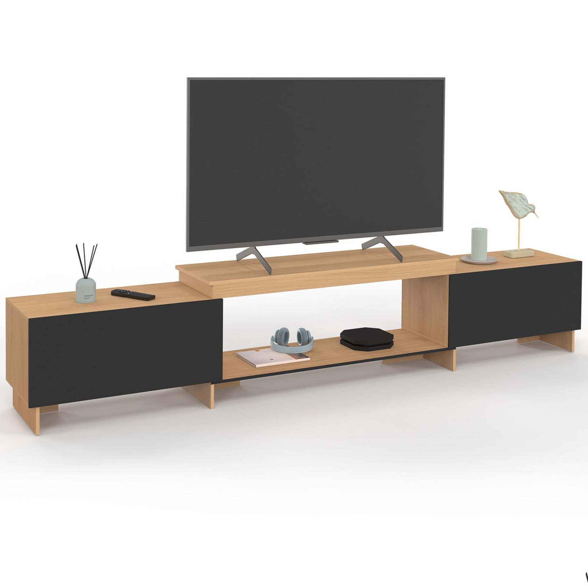 ID MARKET Meuble tv extensible 140-240 cm vlad 2 portes bois et noir
