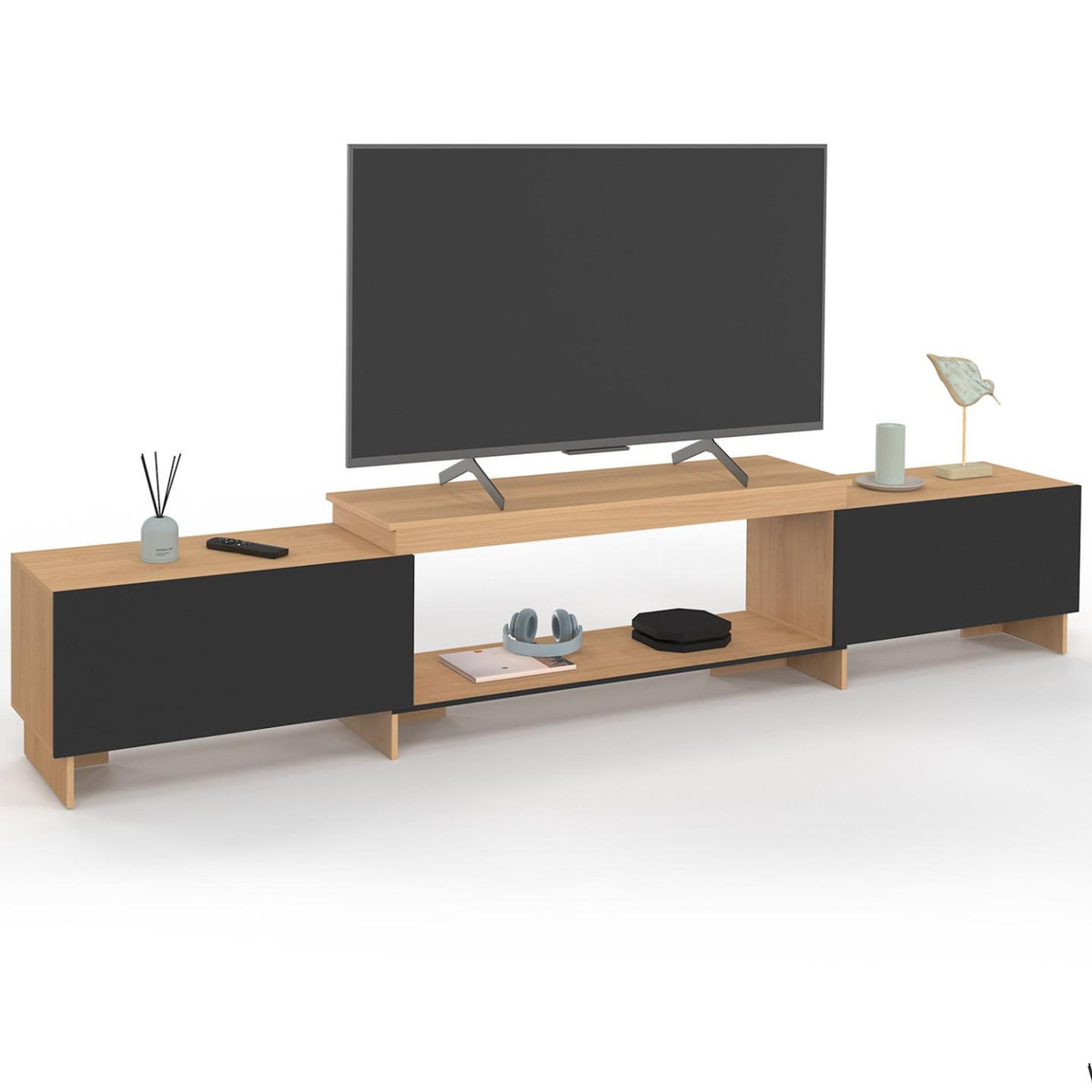 ID MARKET Meuble TV extensible 140-240 cm VLAD 2 portes bois et noir