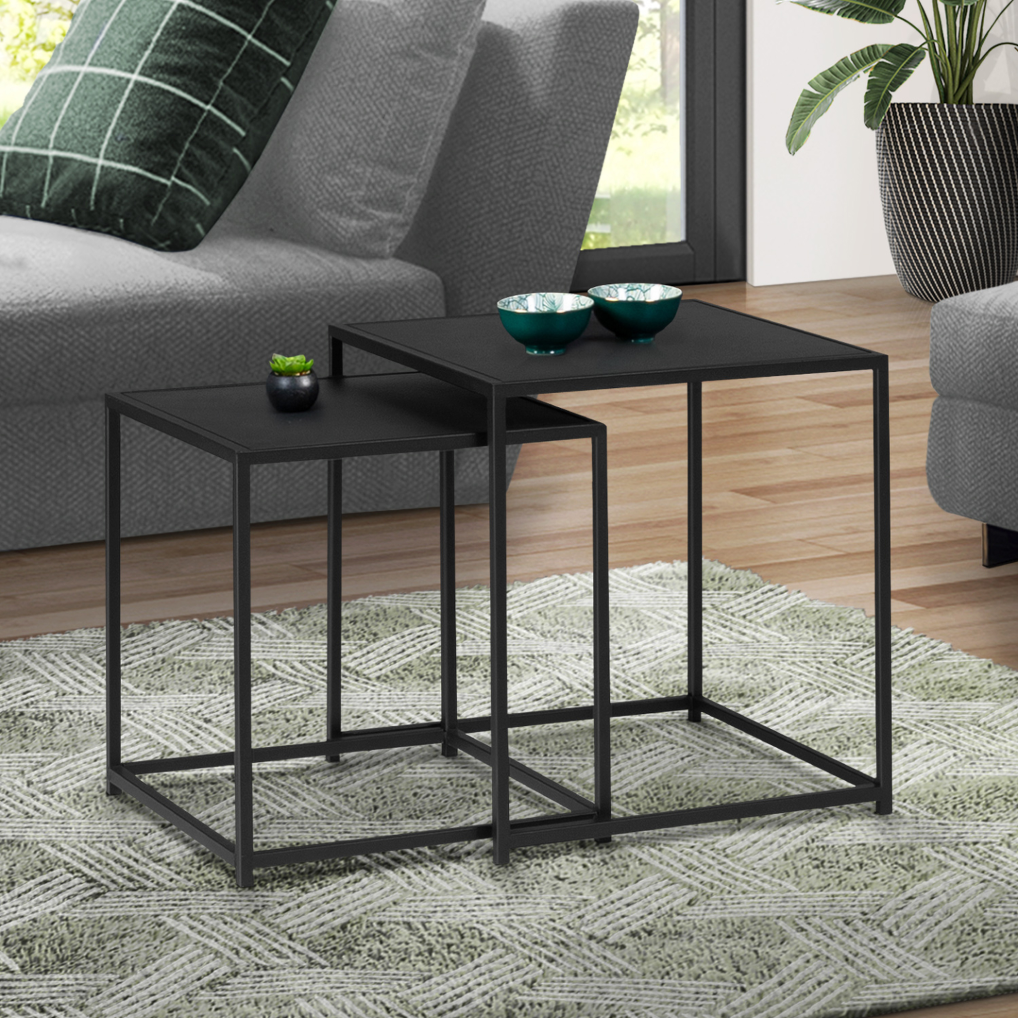 Voir la diapositive 2 : ID MARKET Lot de 2 tables basses gigognes davis 40/45 en métal noir mat design industriel