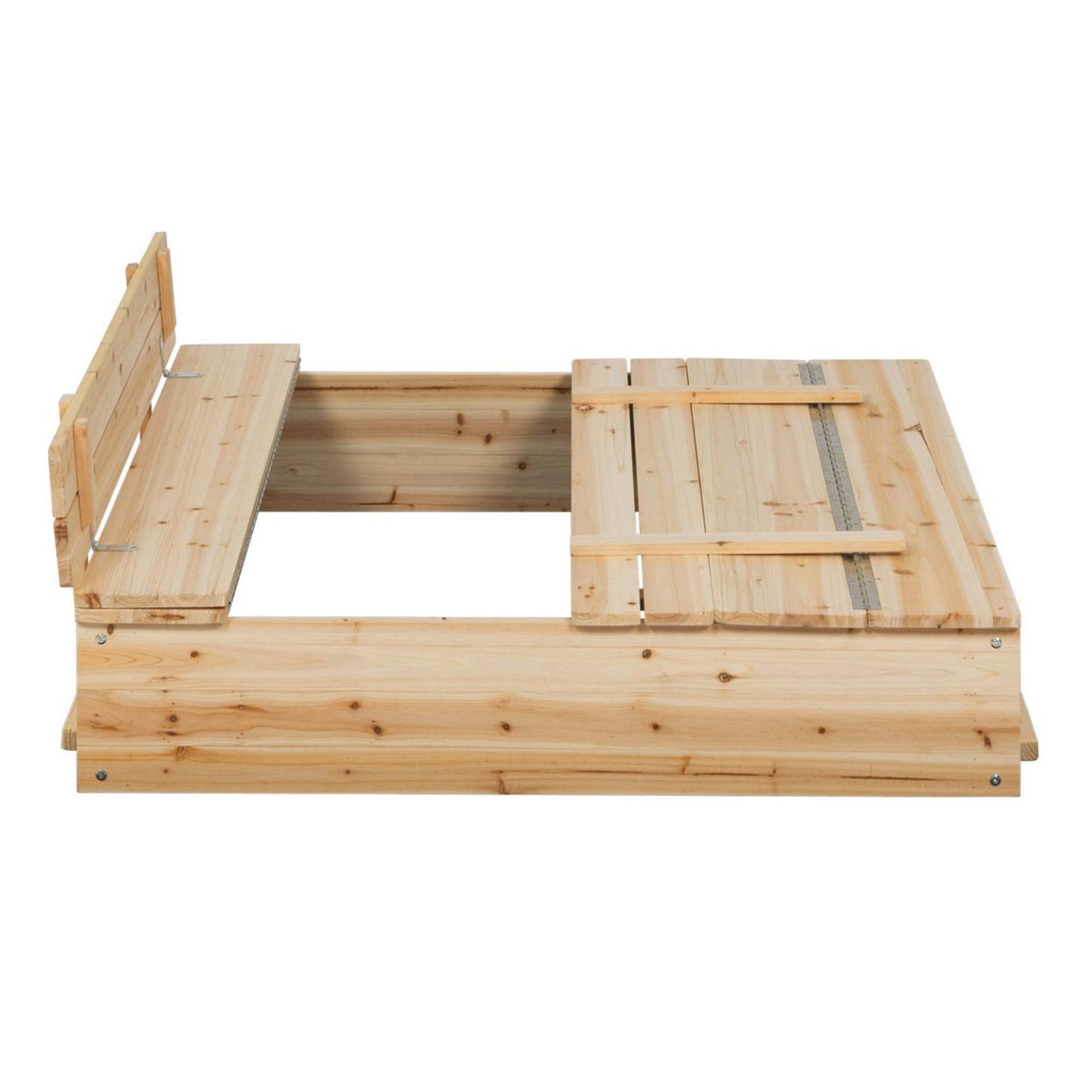 ID MARKET Bac à sable FUNNY bois refermable avec 2 bancs et bâches de protection