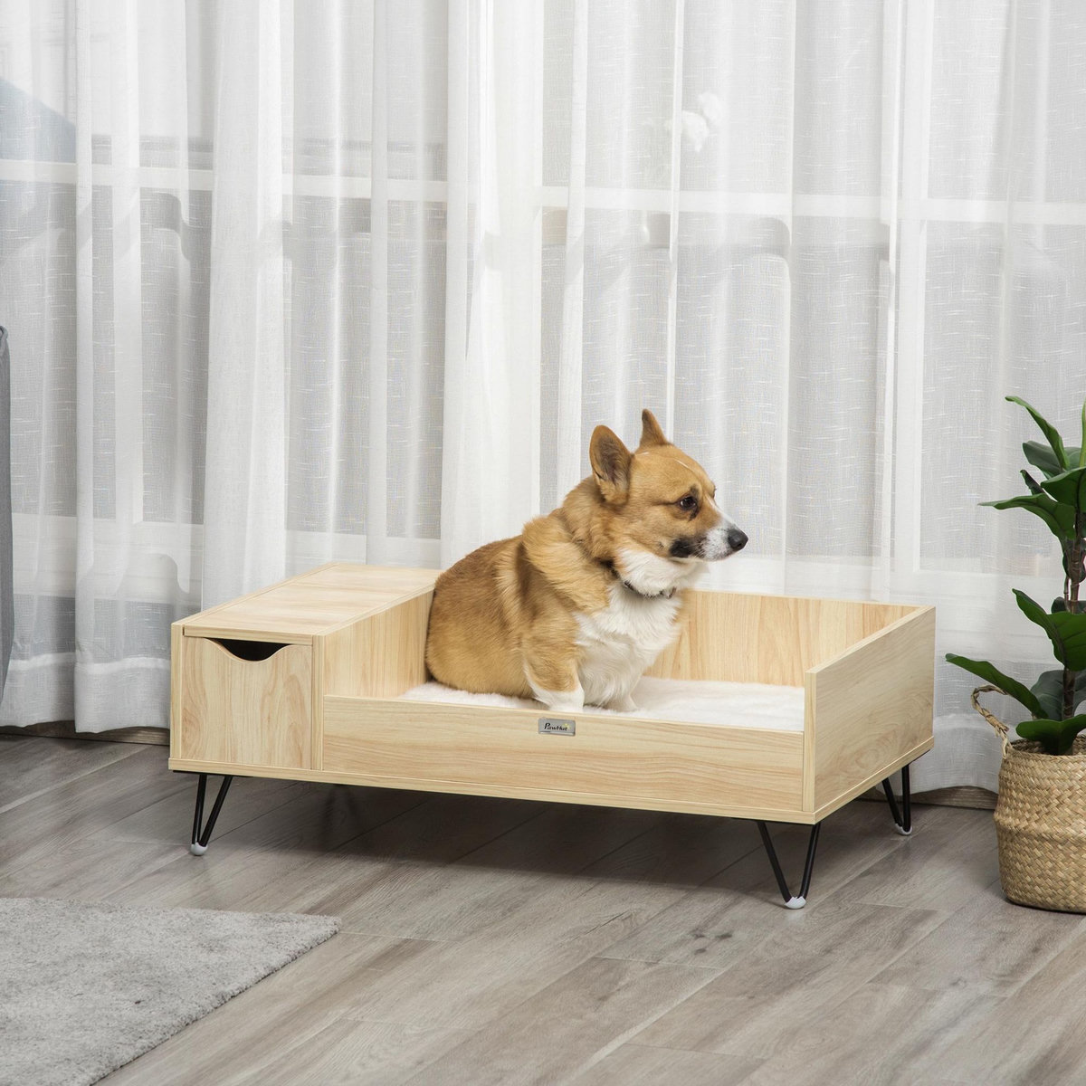 PAWHUT Canapé chien chat style cosy naturel - coussin aspect fourrure blanc et coffre inclus - dim. 89L x 56l x 31H cm - pieds acier en épingles lit MDF aspect bois clair naturel