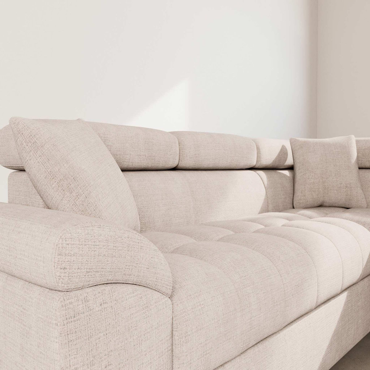 BEST MOBILIER Camille - canapé d'angle droit 5 places convertible avec têtières et coffre en velours texturé