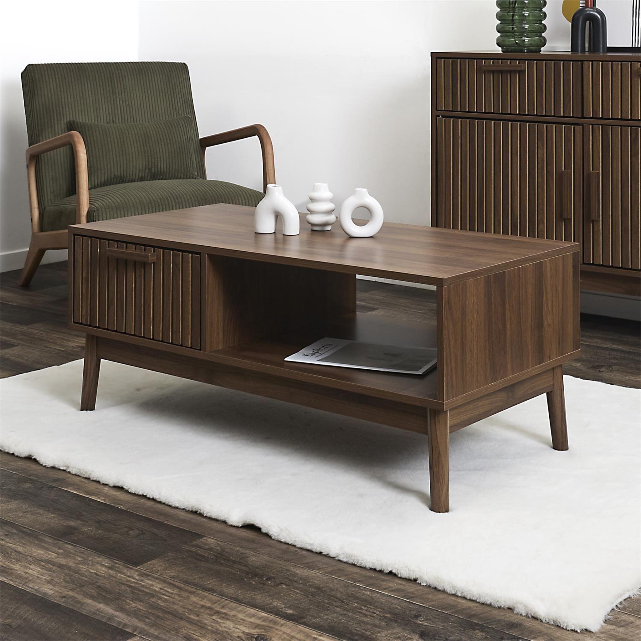 Voir la diapositive 2 : The Home Deco Factory Table basse 1 tiroir et 1 niche effet bois foncé saulk - marron