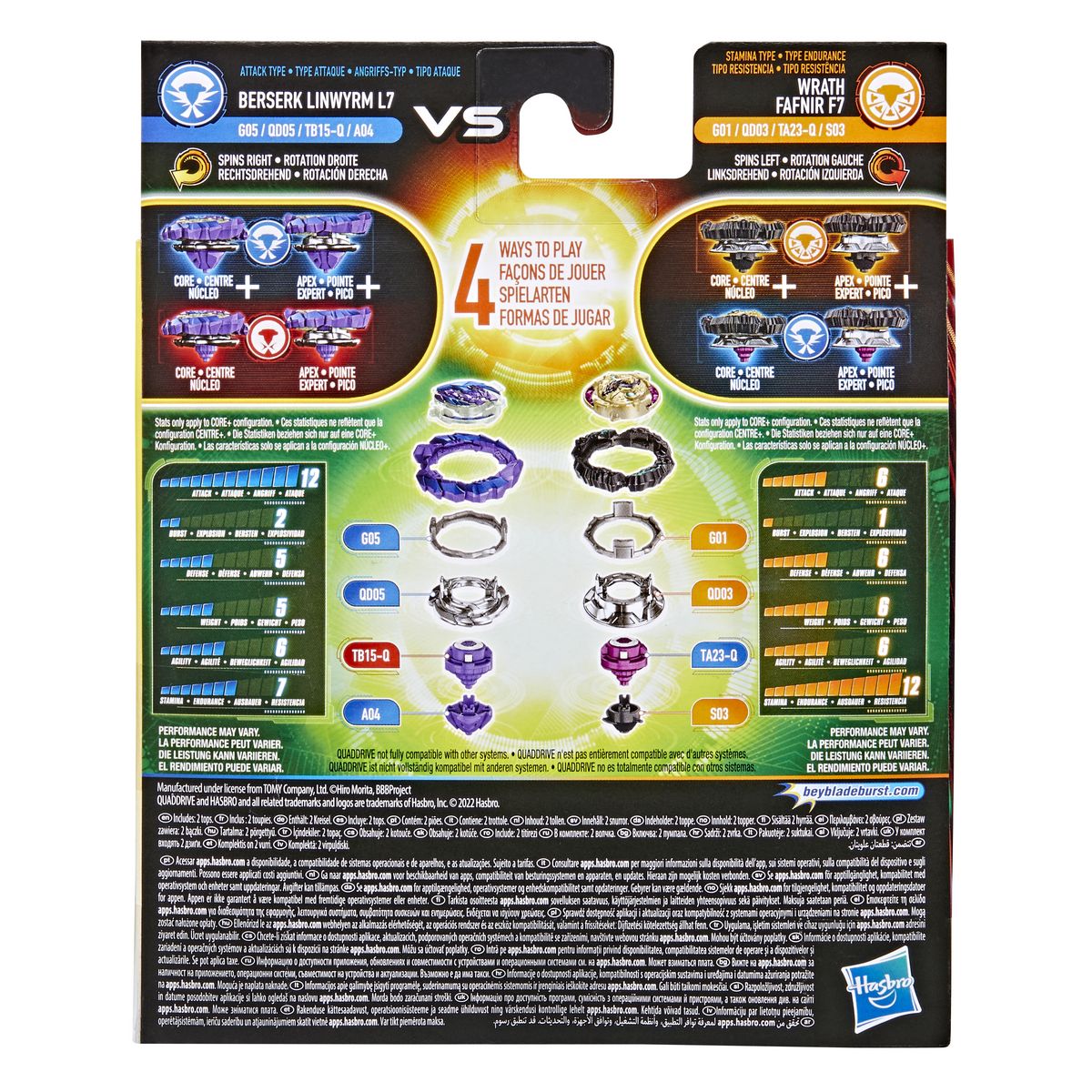 HASBRO Toupies Beyblade Burst 4 en 1 Quaddrive Berserk Linwyrm L7 Wrath Fafnir F7