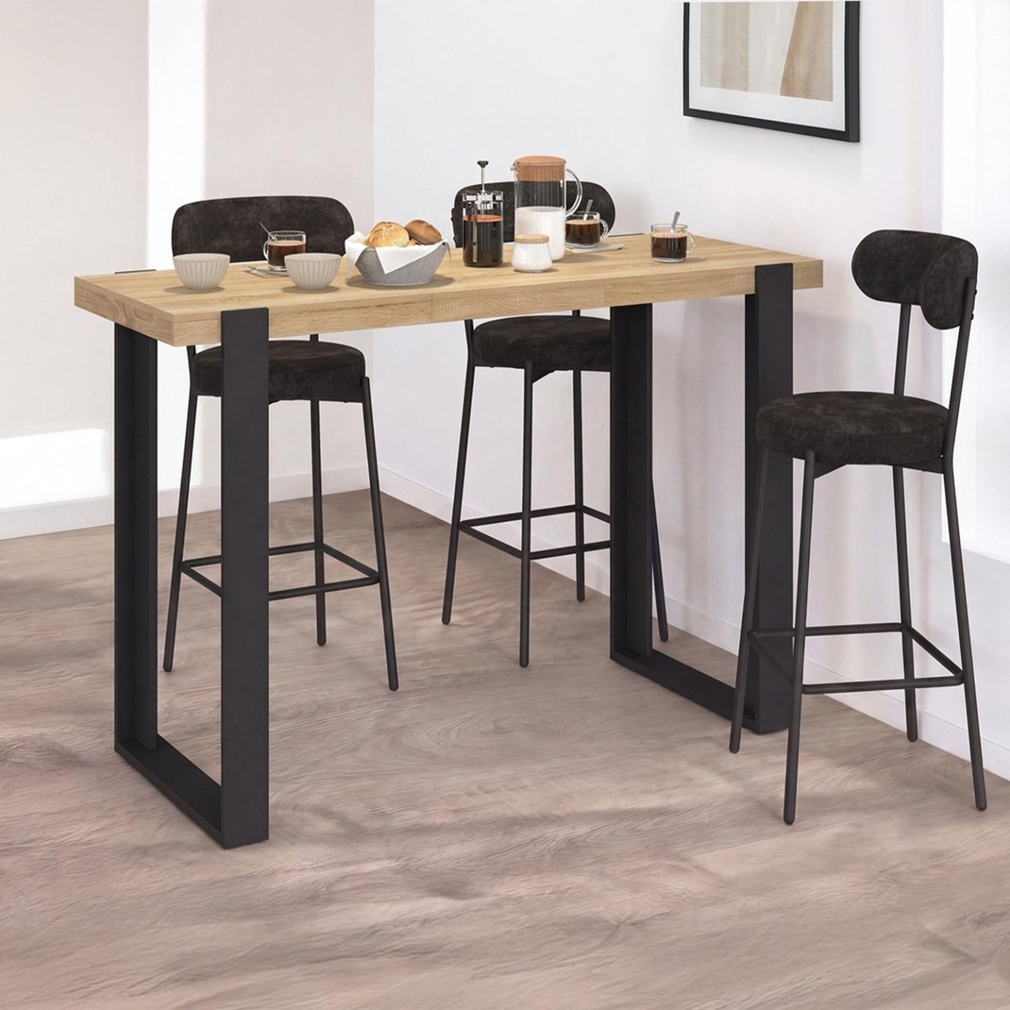 Voir la diapositive 2 : ID MARKET Table haute de bar extensible PHOENIX 2-4 personnes bois et noir 110 - 150 cm