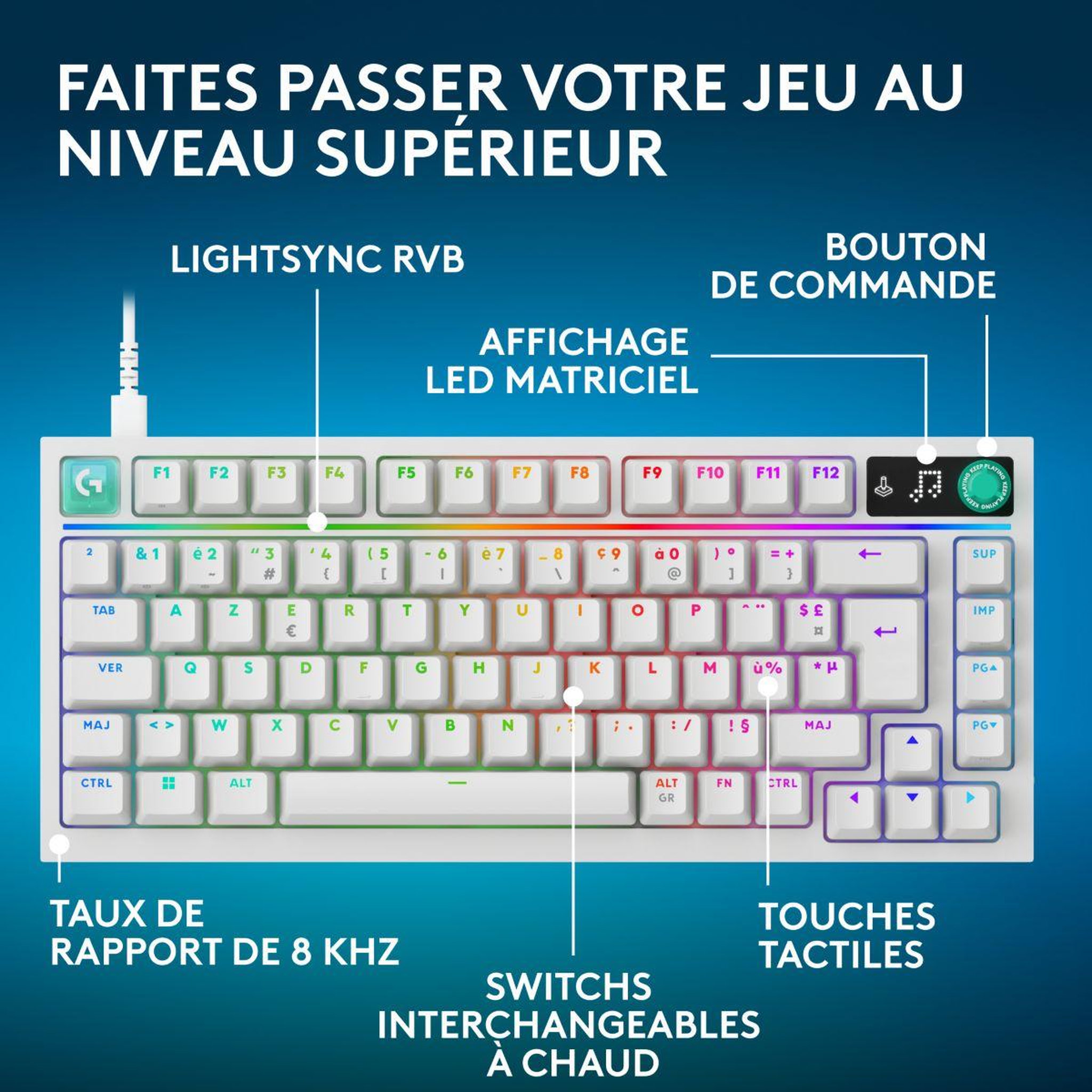 Voir la diapositive 2 : Logitech Clavier gamer sans fil G316 X 75 Blanc