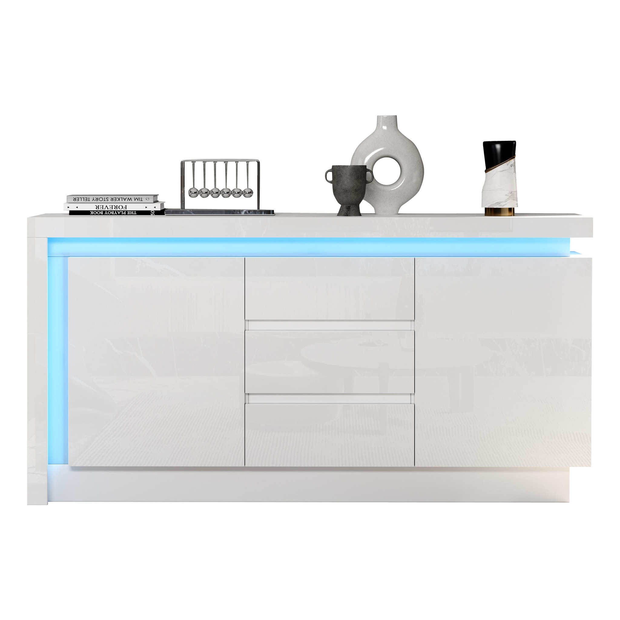 MERAX Buffet 2 porte(s) 3 tiroir(s) - 140 cm blanc led panneau de particules