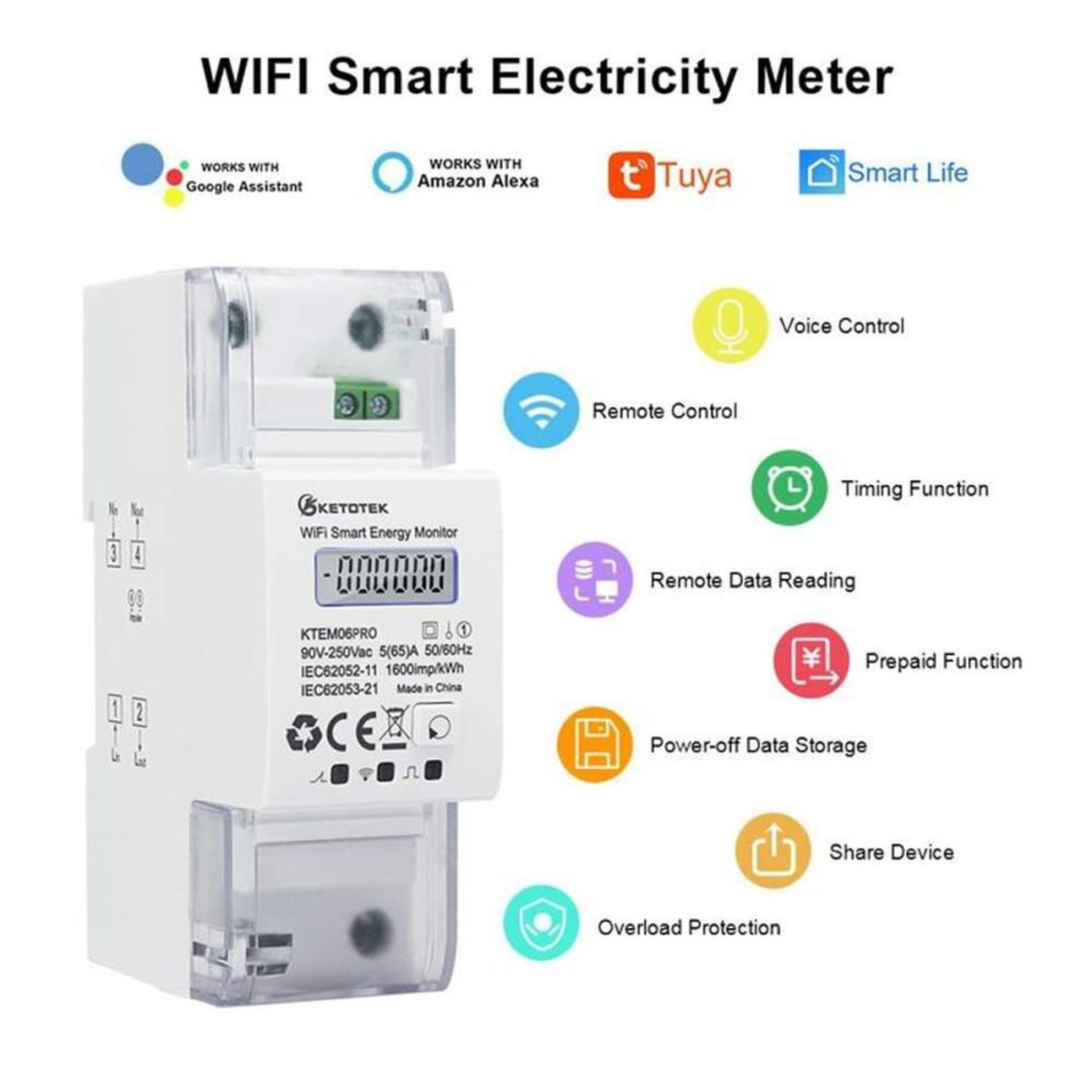 Voir la diapositive 2 : Compteur d'énergie WiFi smart DIN rail monophasé bidirectionnel 5(65)A 90-250V KTEM06PRO avec écran LCD
