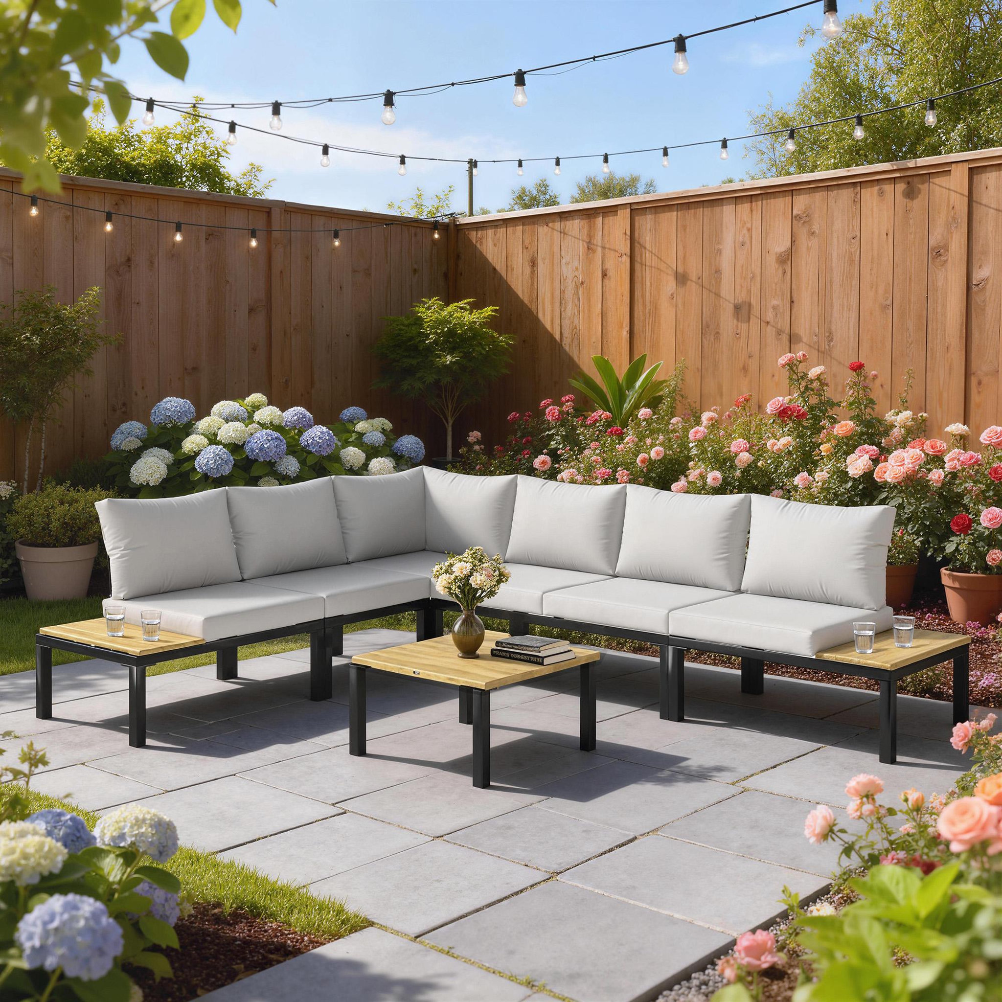 Voir la diapositive 2 : OUTSUNNY Salon de jardin d'angle 6 places design acier noir effet bois coussins gris clair