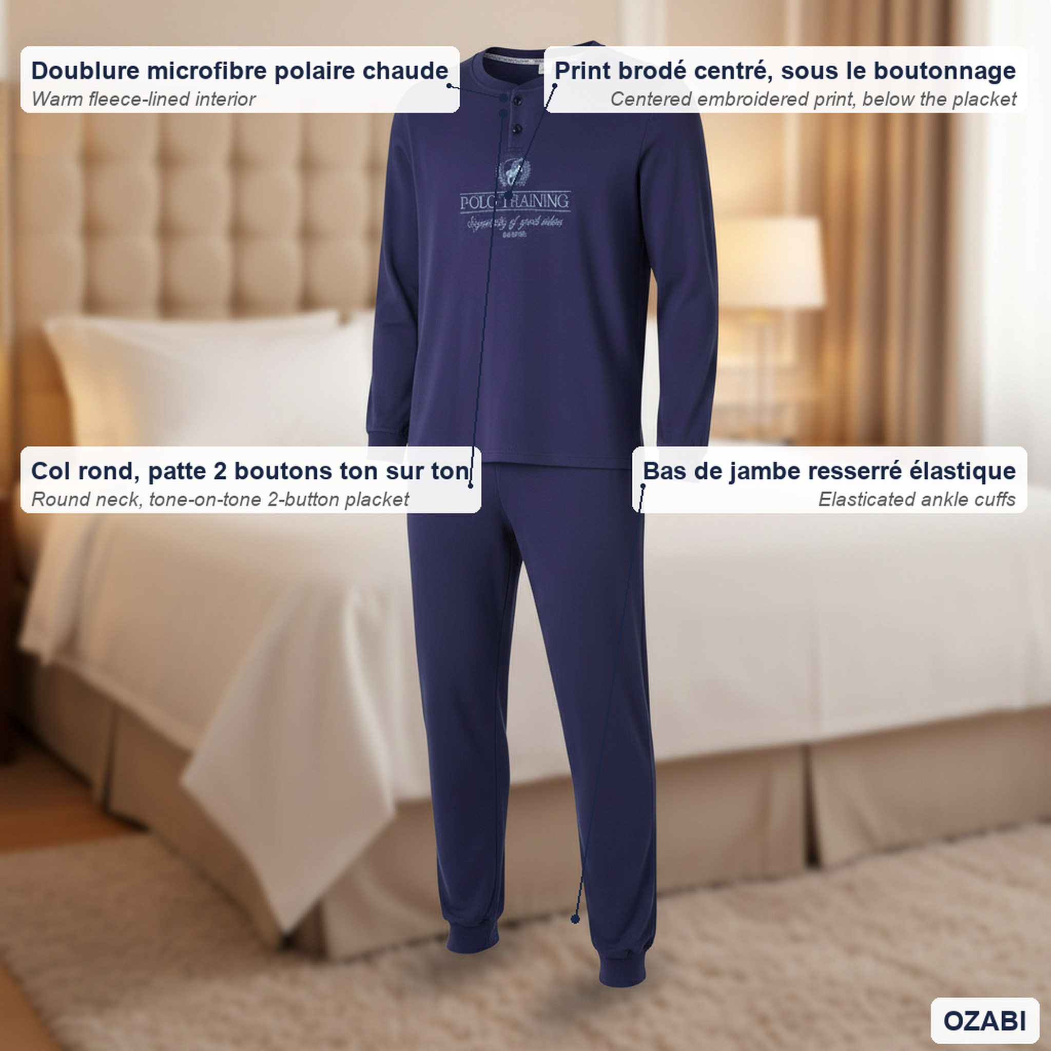 Voir la diapositive 5 : OZABI Ozabi pyjama homme doublé polaire print brodé