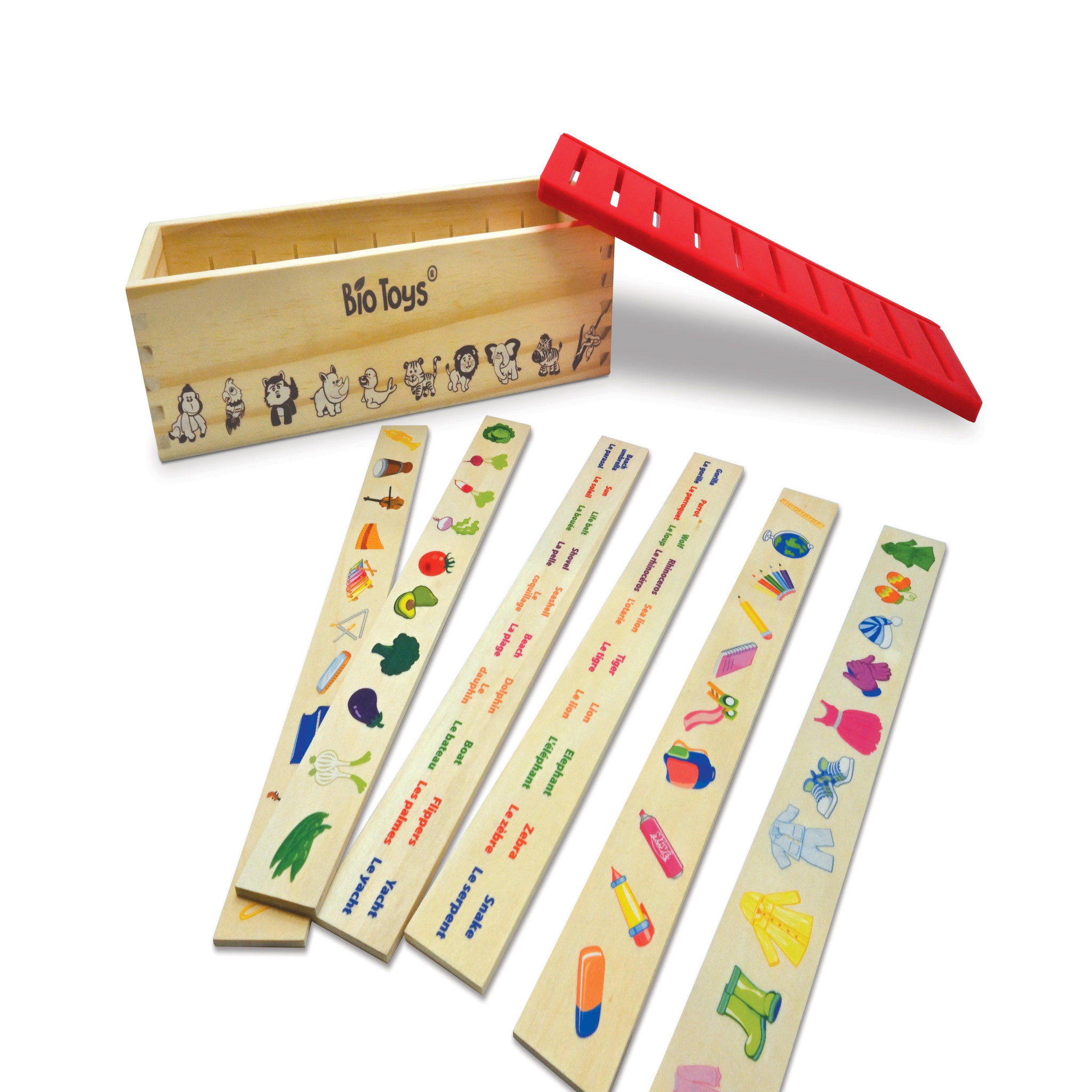 Voir la diapositive 2 : Lexibook Ma boîte à vocabulaire – Boîte de tri en bois bilingue Français / Anglais