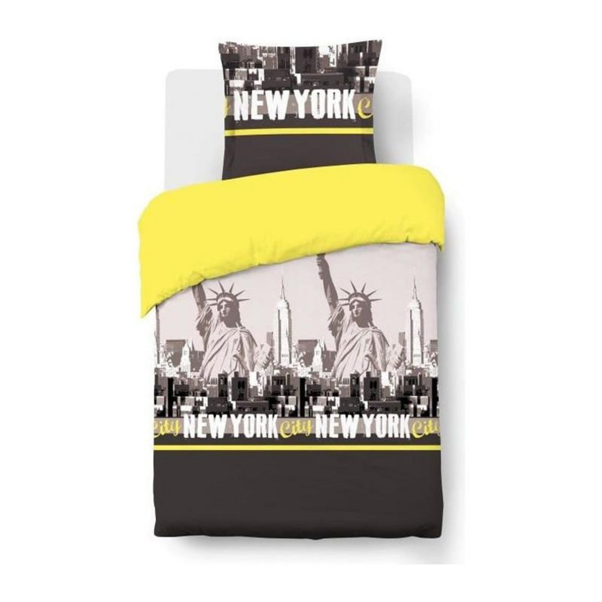 VISION VISION Parure de couette New York - 100% coton - 1 housse de couette 140 x 200 cm + 1 taie d'oreiller 65 x 65 cm - Jaune et Gris