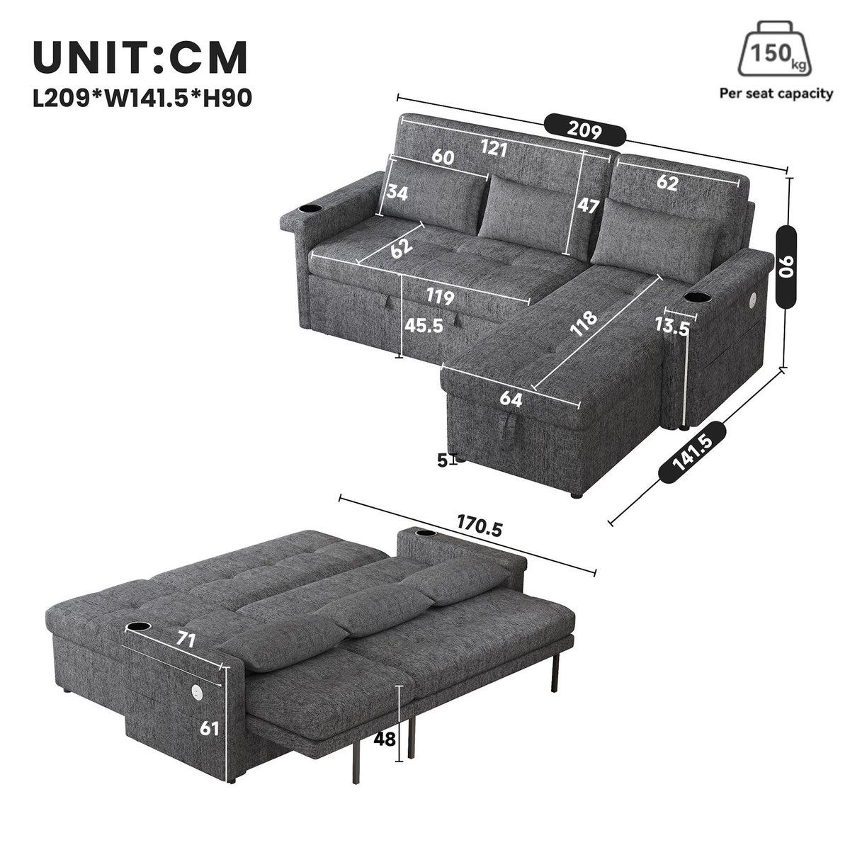 MERAX Canapé d'angle réversible convertible 3 places tissu led coffre de rangement